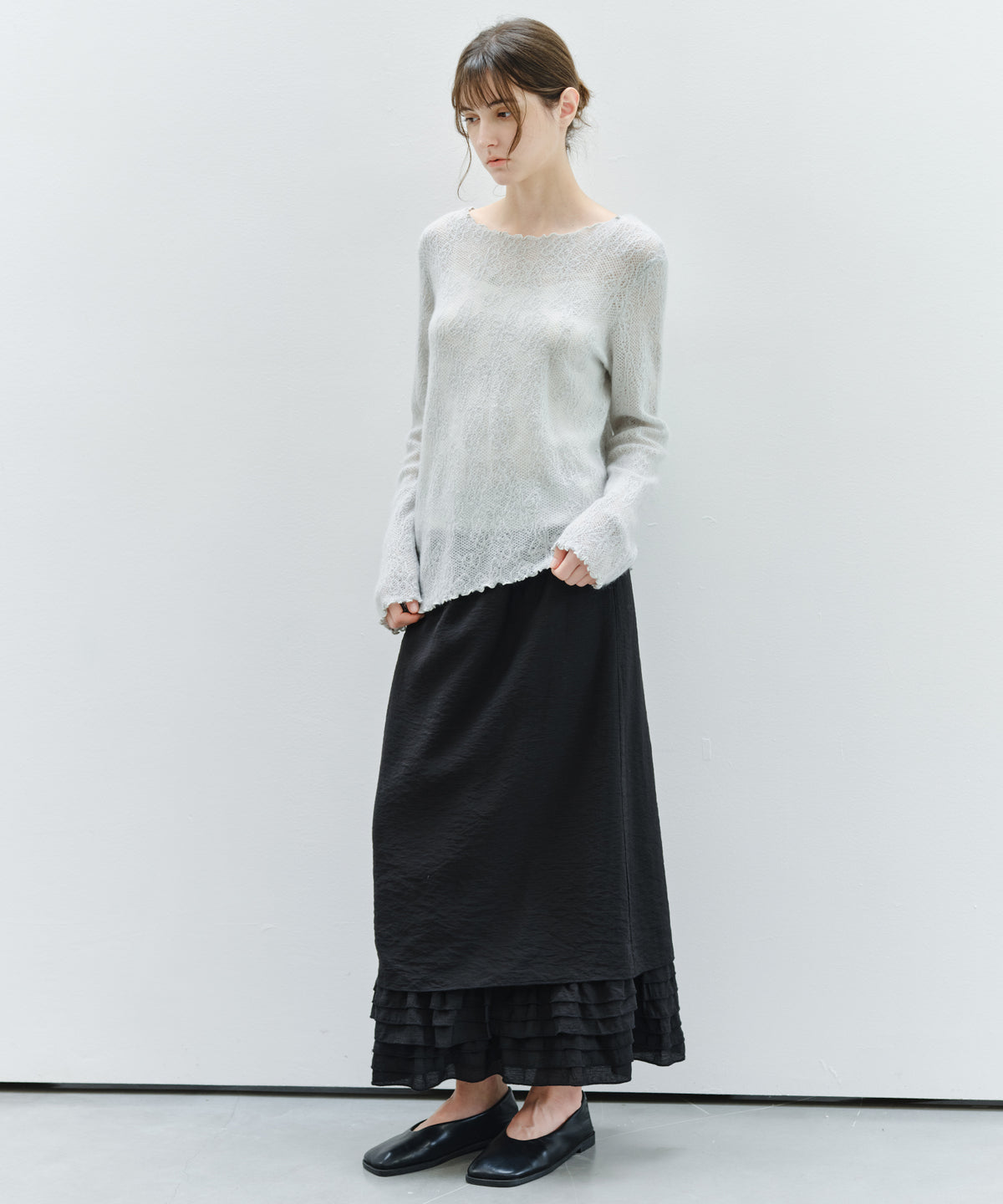 「9月下旬出荷予定」Layered Frill Hem Easy Long Skirt