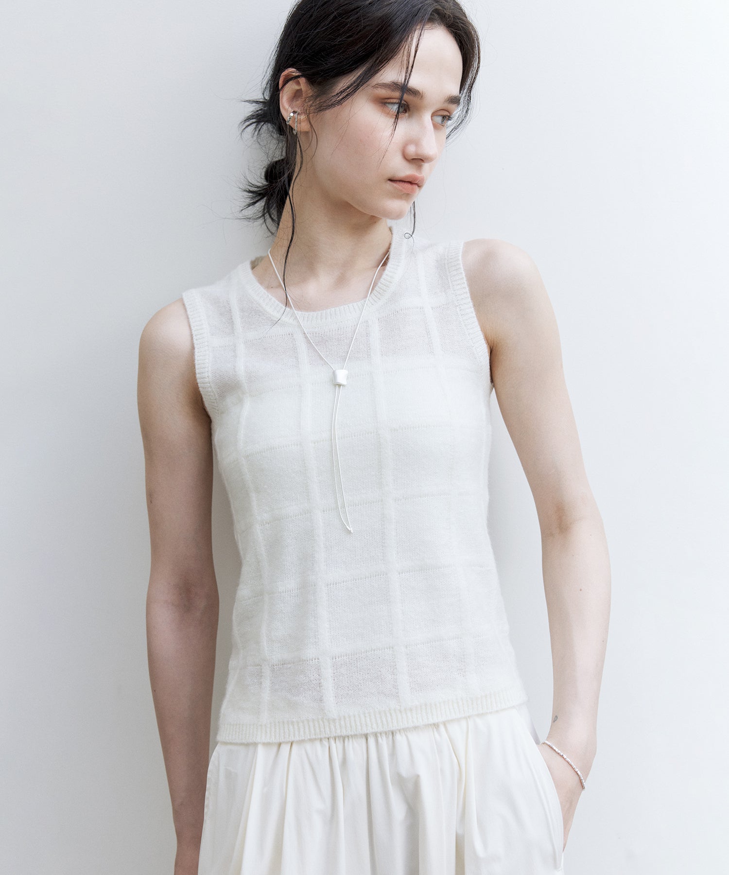 Sheer Check Knit Sleeveless Top