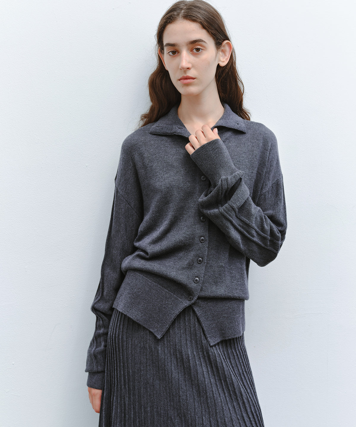 「10月下旬出荷予定」Wool Silk High Neck Button Knit Cardigan