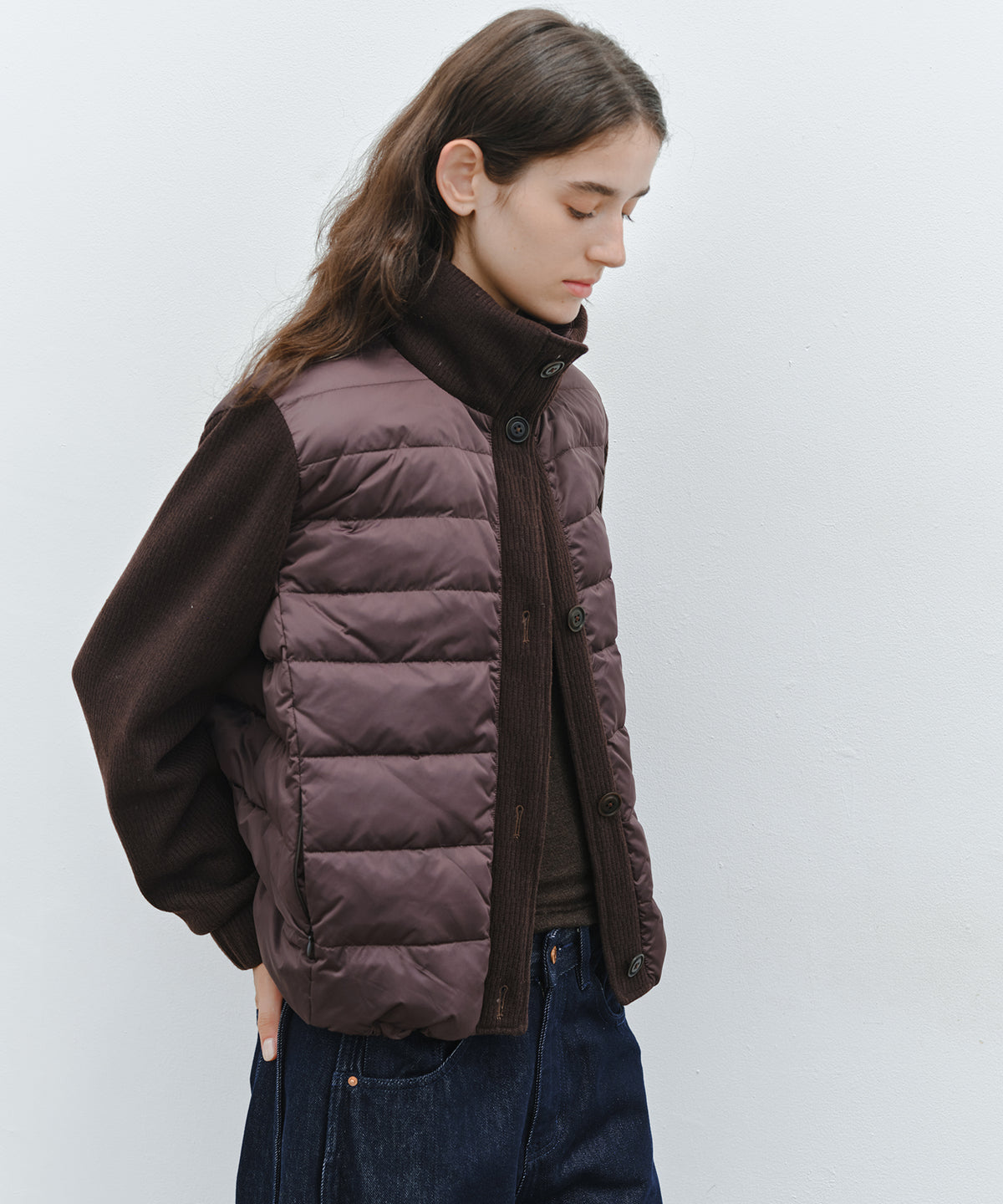 「10月下旬出荷予定」Knit Sleeve Panelled Lightweight Short Down Jacket