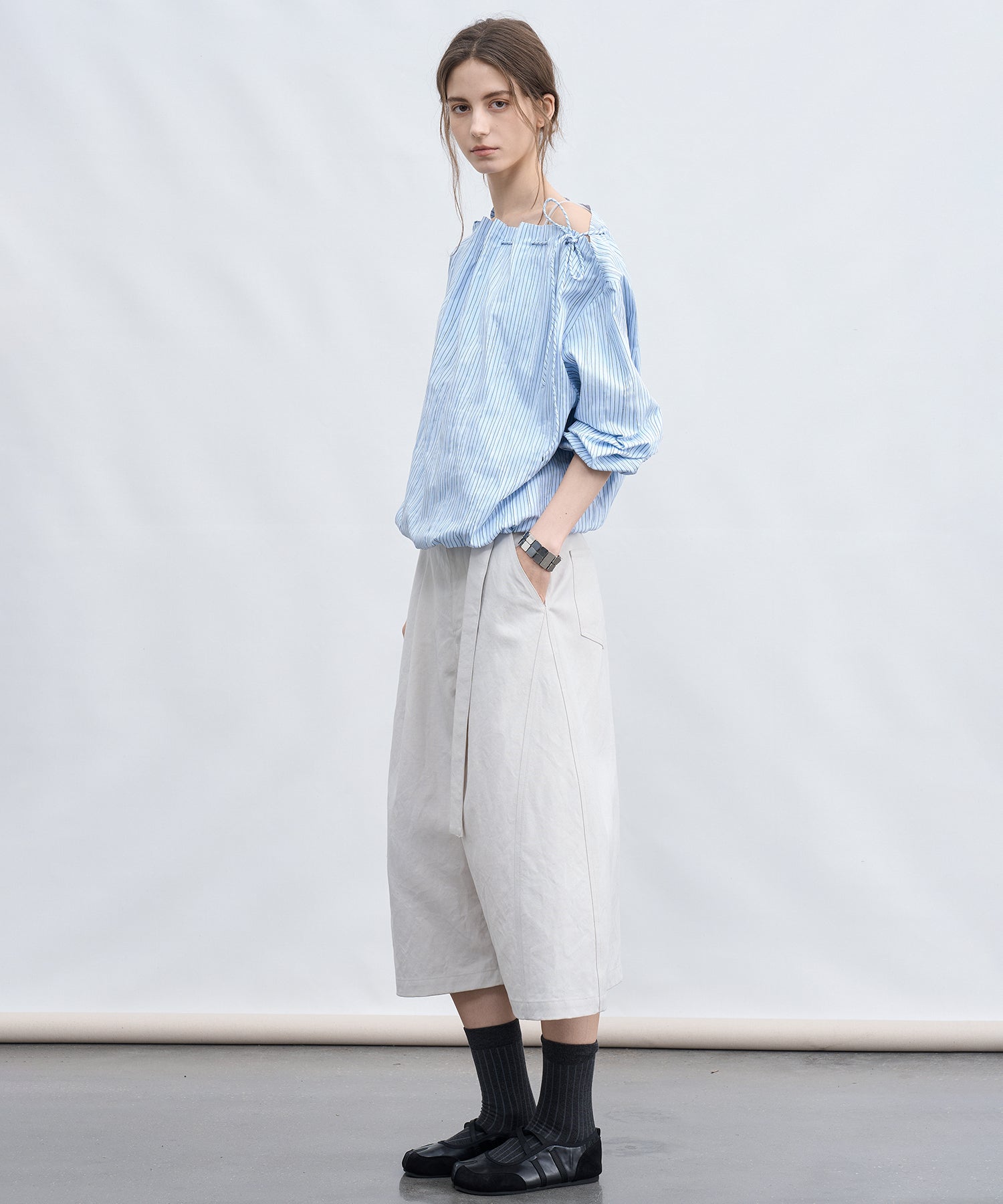 Asymmetric Off-Shoulder Drawstring Stripe Blouse
