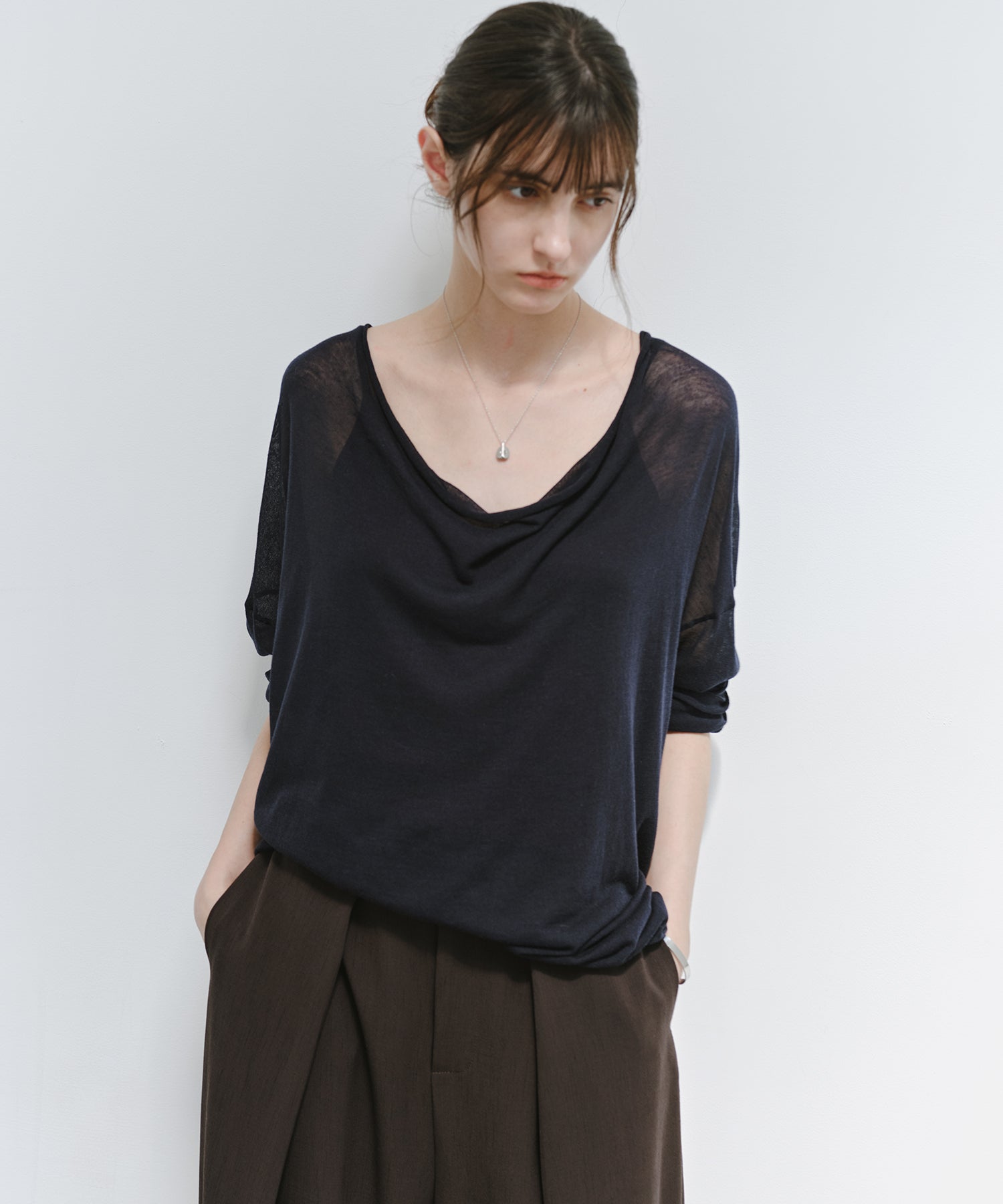 「9月下旬出荷予定」Drape Neck Sheer Loose Knit Top