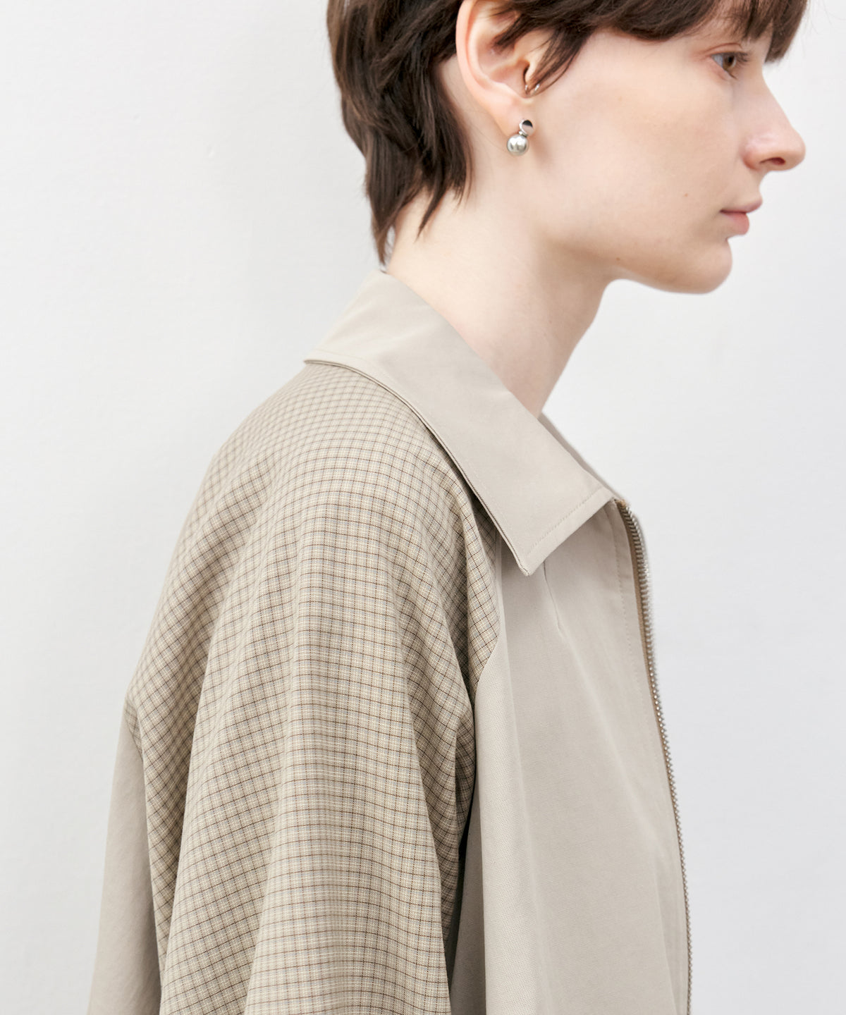 Check Panel Balloon Sleeve Short Blouson