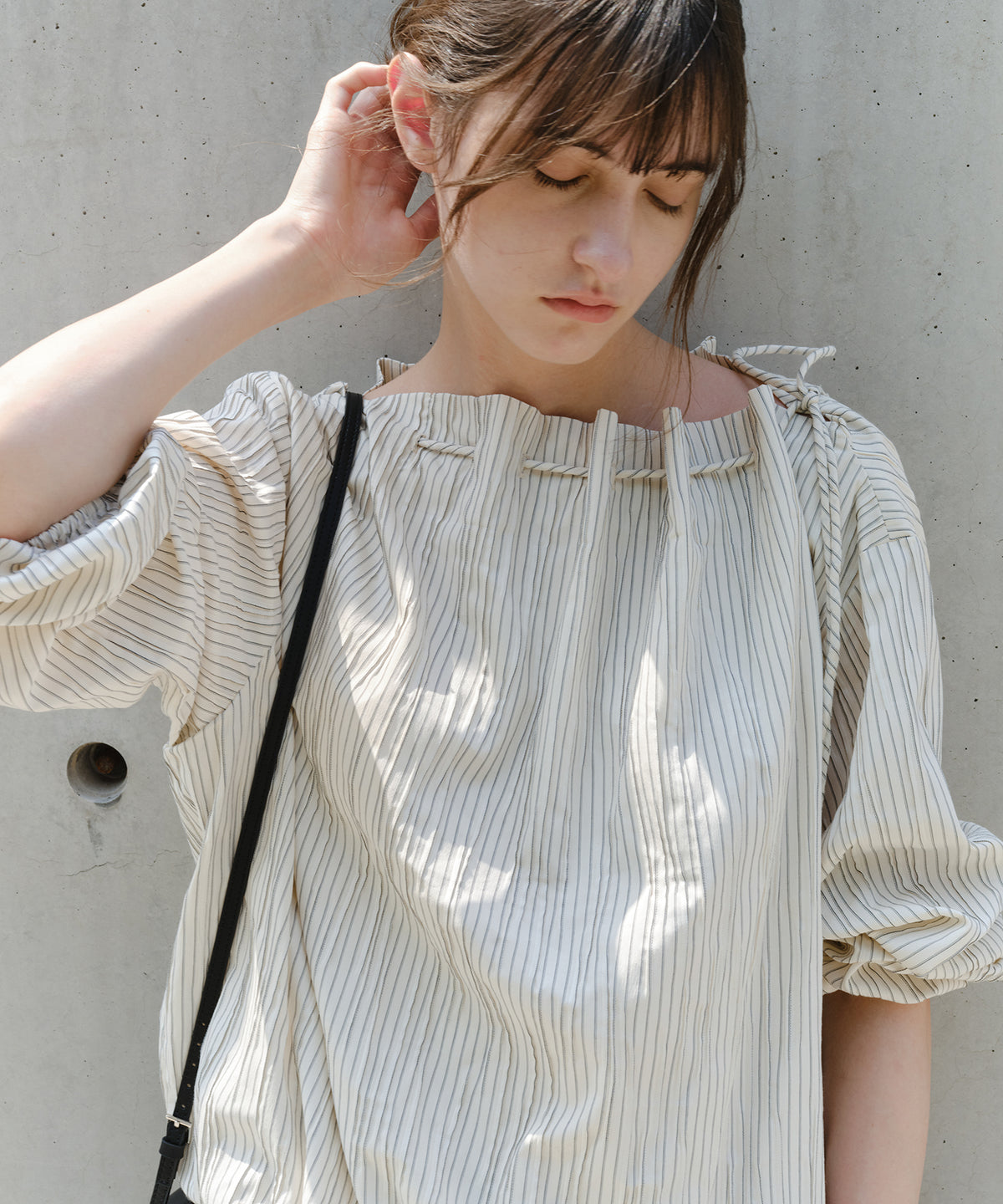 Asymmetric Off-Shoulder Drawstring Stripe Blouse