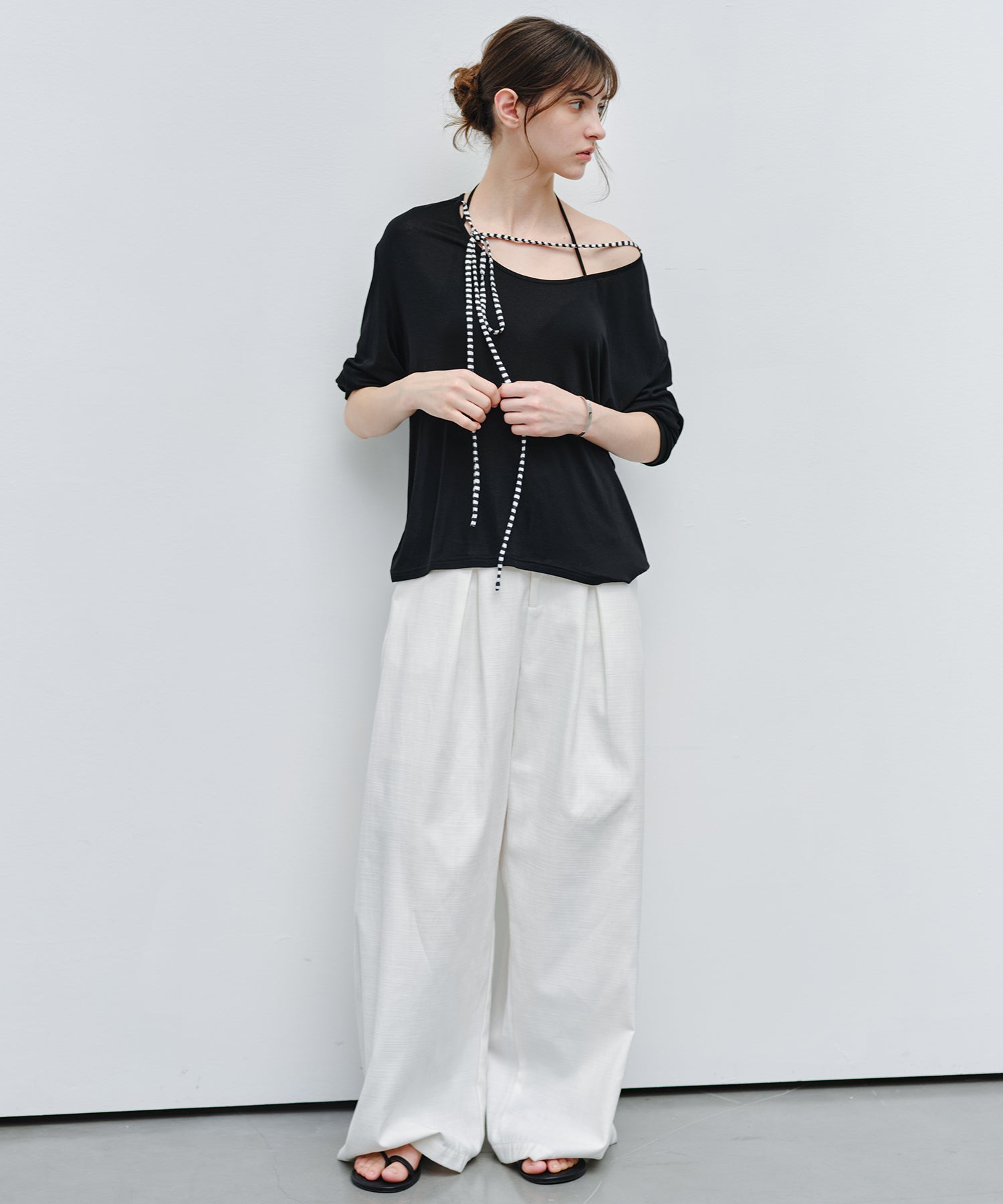 「9月下旬出荷予定」Striped Cord U-Neck Draped Top
