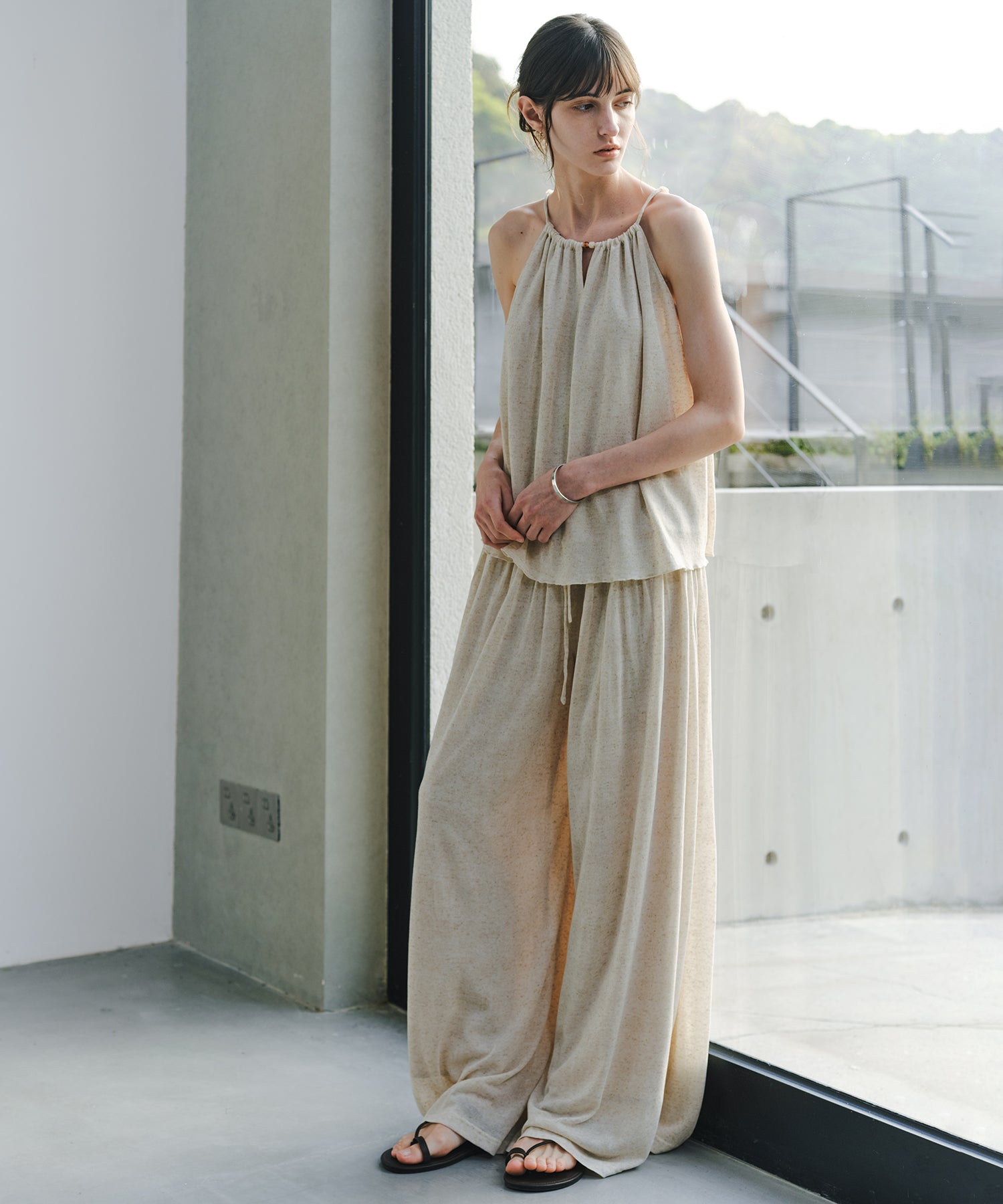 「7月中旬～下旬出荷」Linen Blend Gathered Wide Pants