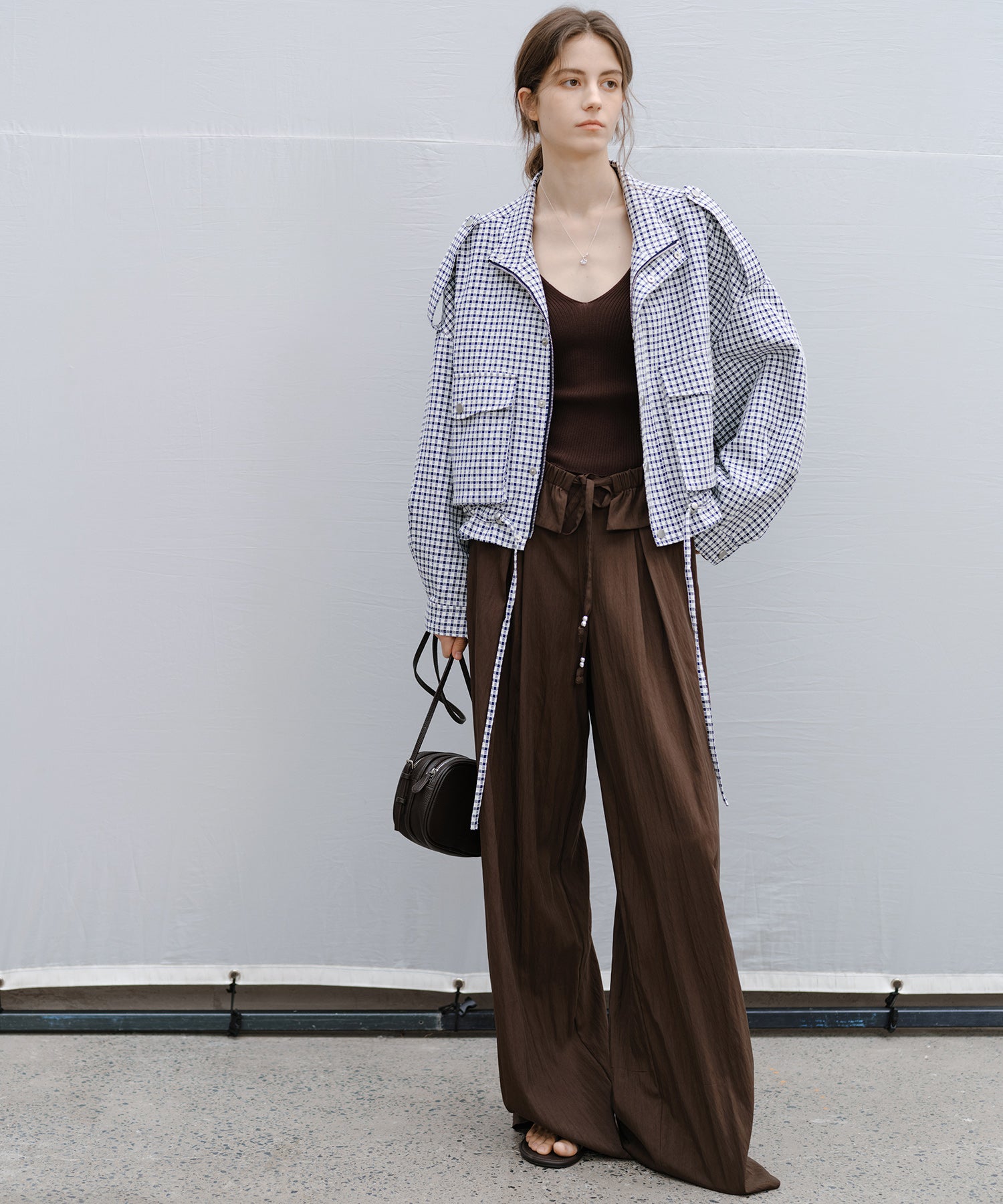 "Shipping late February to early March" Stand Collar Check Drawstring Jacket