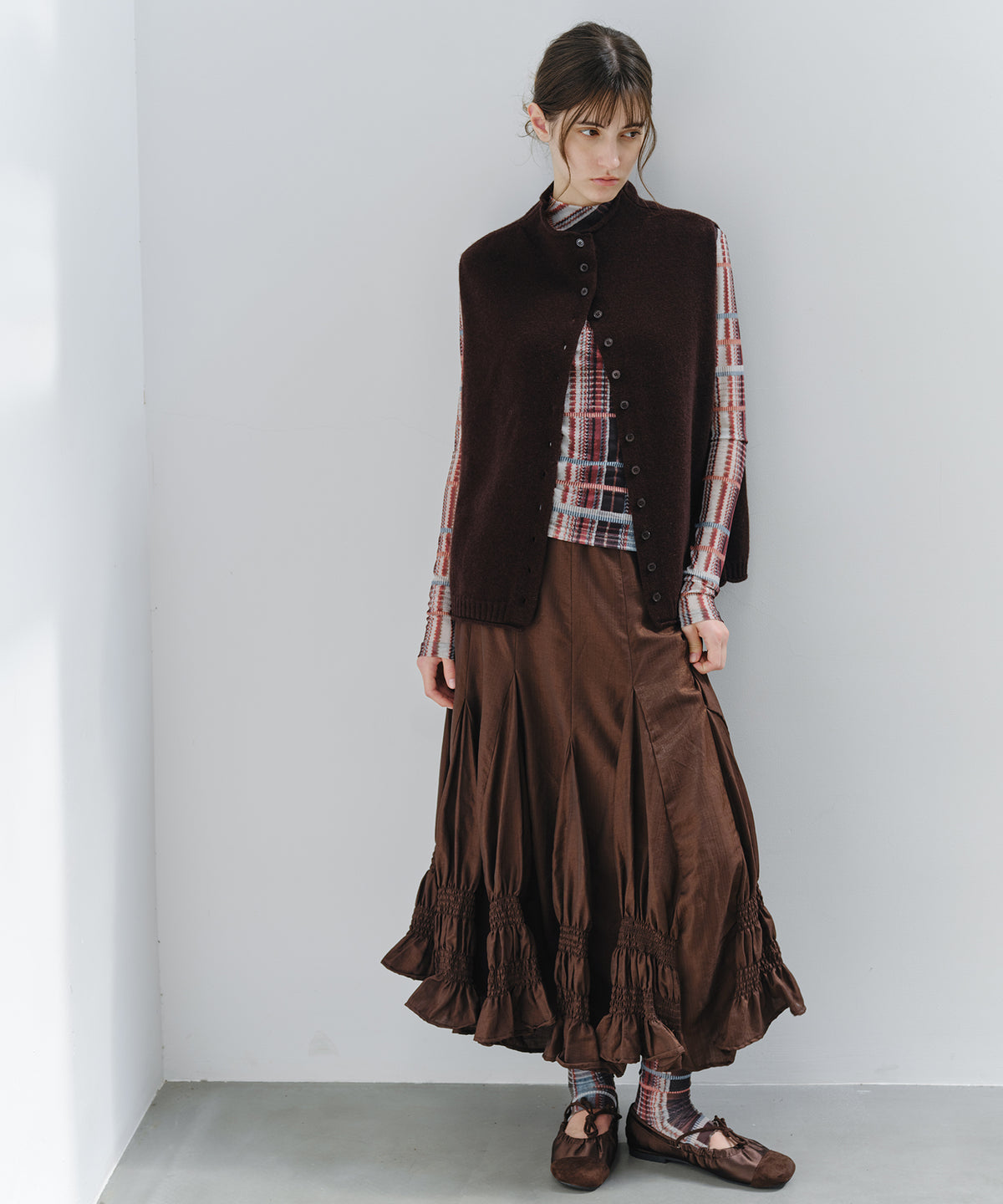 「9月下旬出荷予定」Vintage Check Sheer High Neck Top