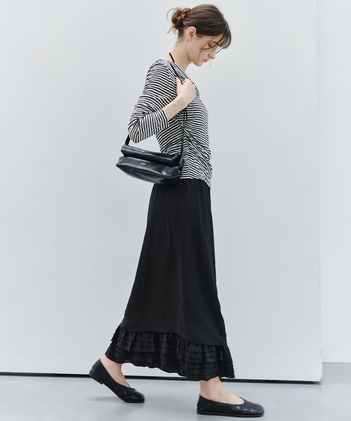 「9月下旬出荷予定」Cross Drape Neck Striped Long Sleeve Top