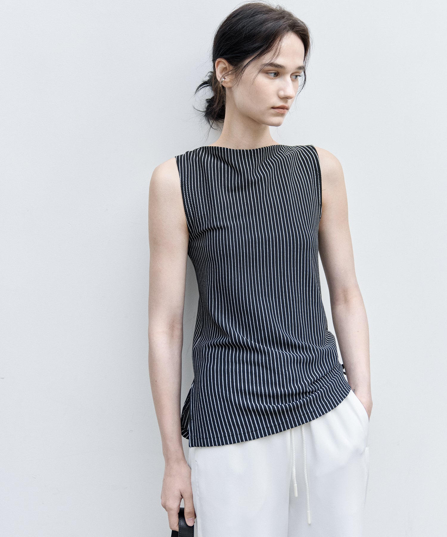 Striped Sleeveless Top with Adjustable Hem &amp; Boat Neck