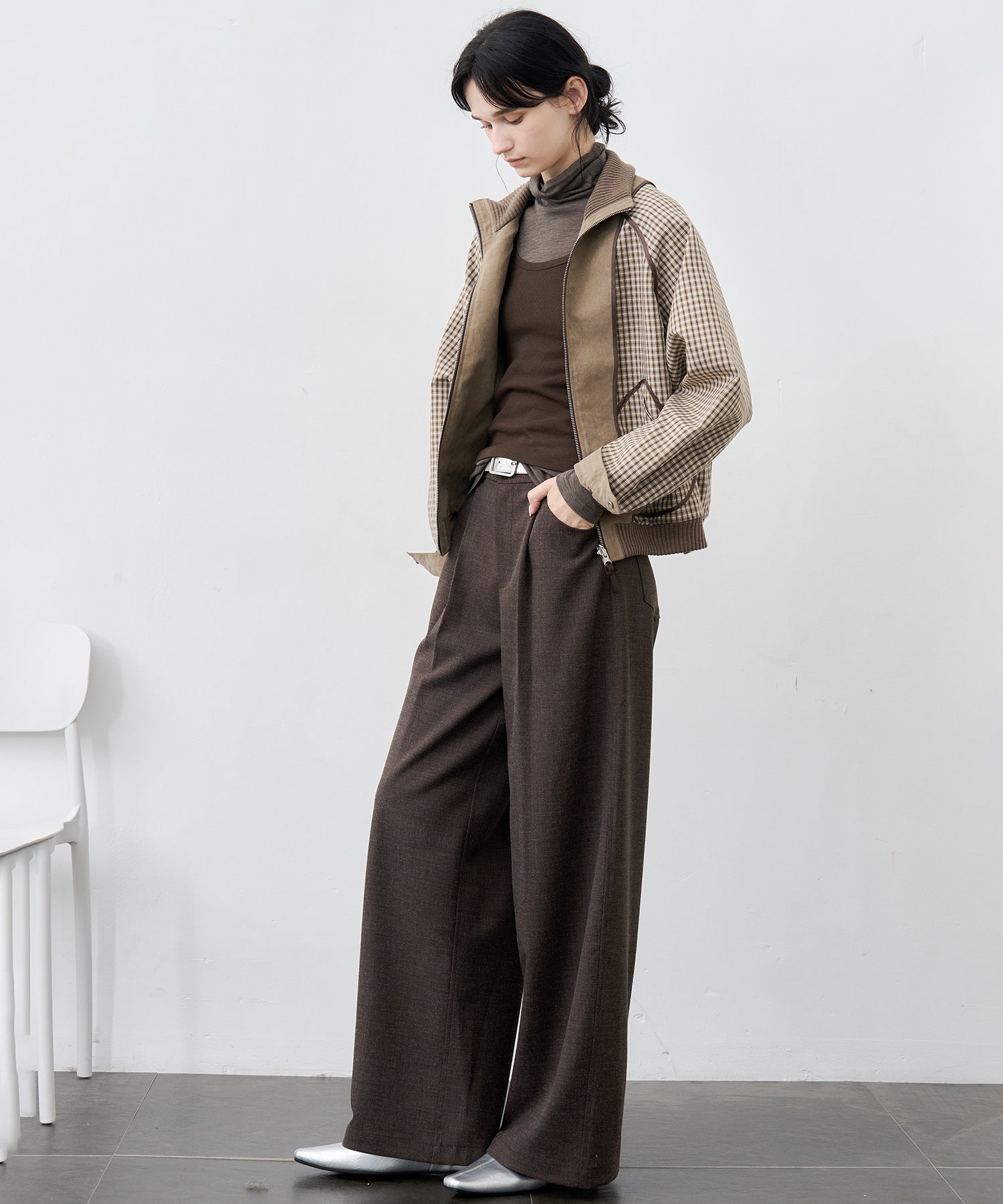 Reverse-Look Oversized Cropped Check Short Jacket