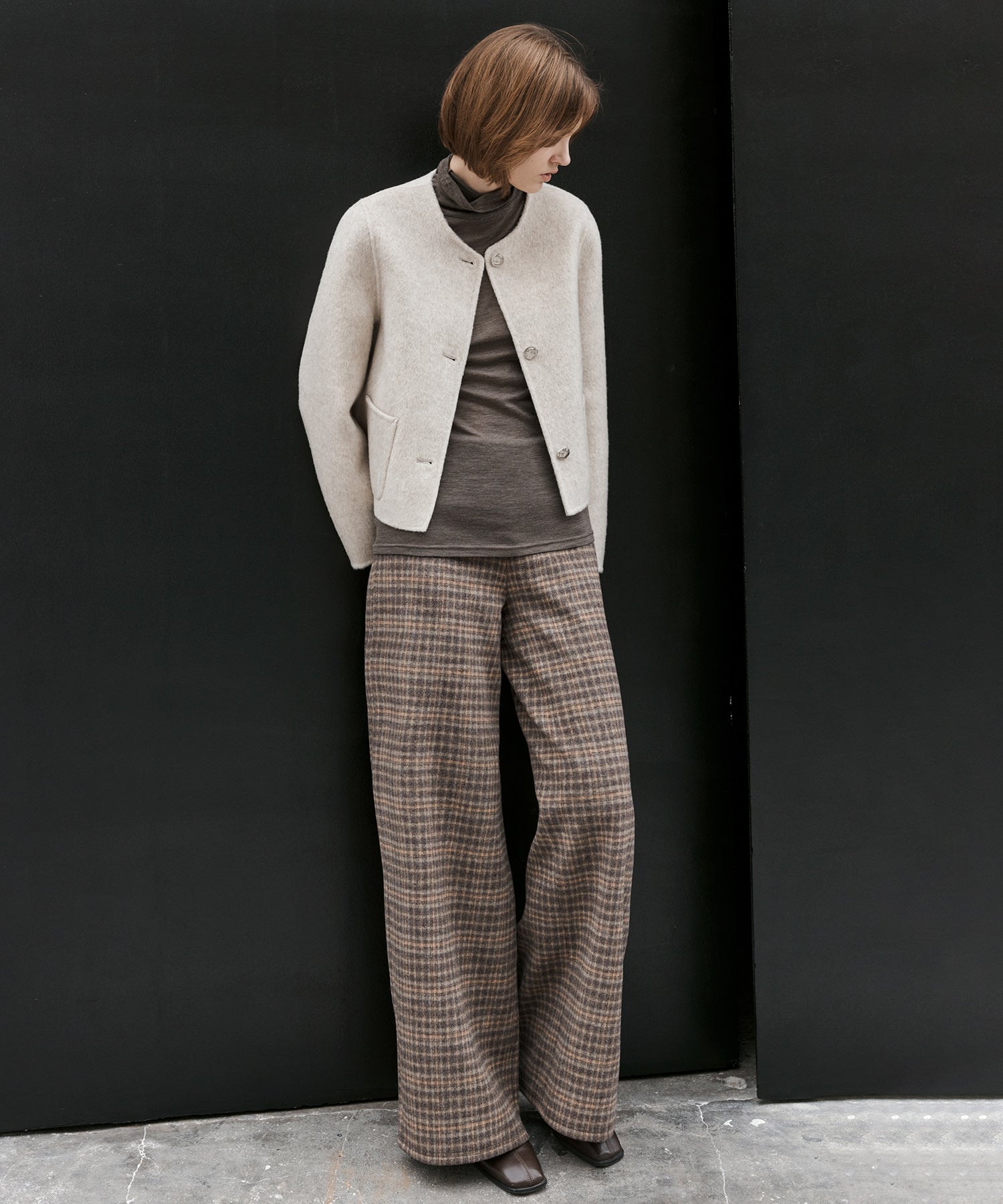 Wool Blend Yarn-Dyed Vintage Check Brushed Wide-Leg Pants