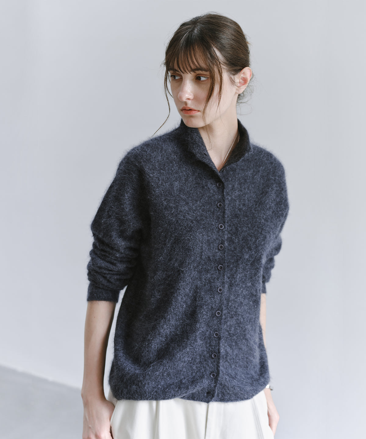 Brushed Cashmere-Blend High Neck Knit Cardigan