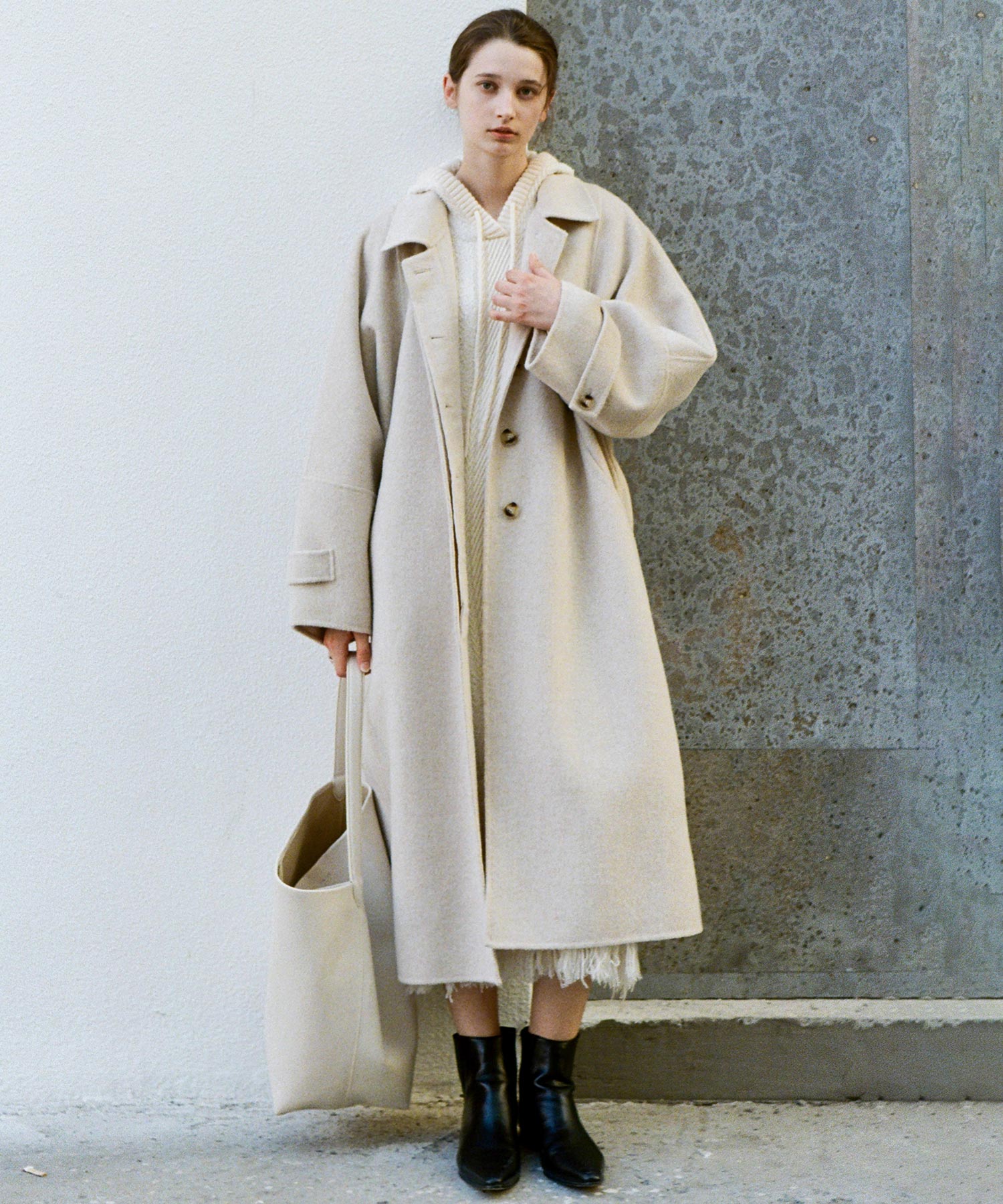 Double-Face Wool Cocoon Coat with Batwing Sleeves
