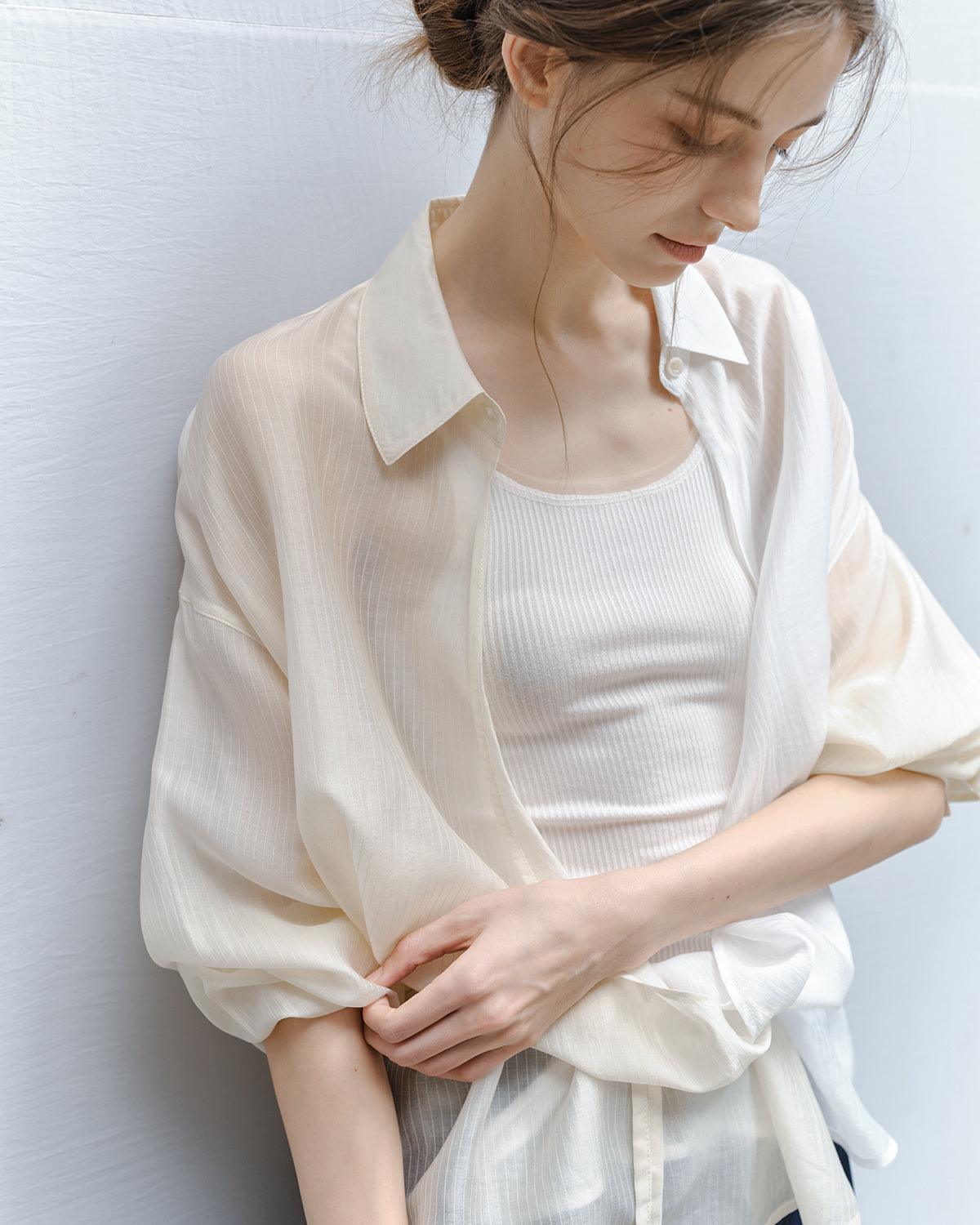 Bi-color Asymmetric Neck Sheer Shirt