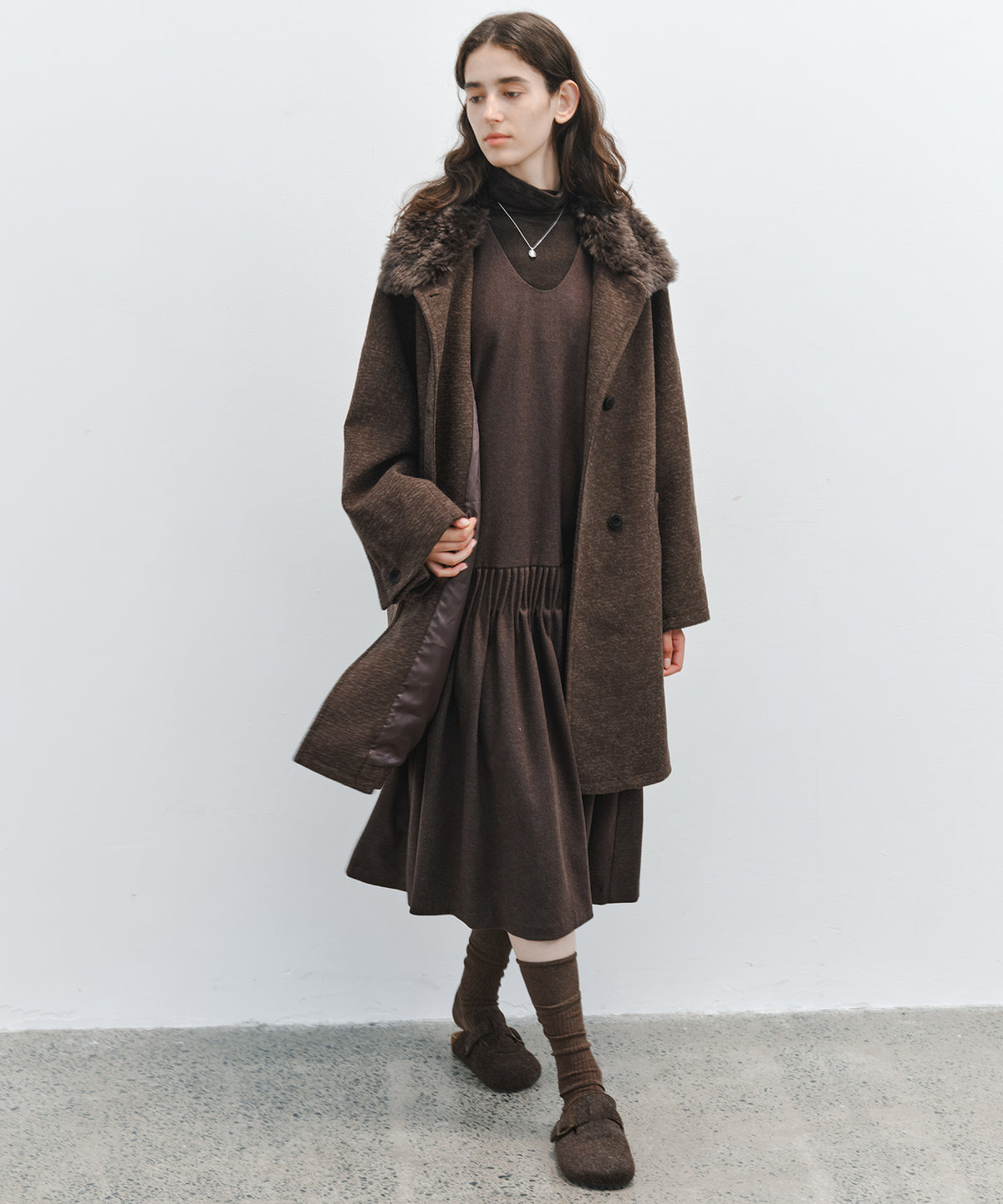 「10月下旬出荷予定」Faux Fur Collar Melange Wool-Like Middle Coat