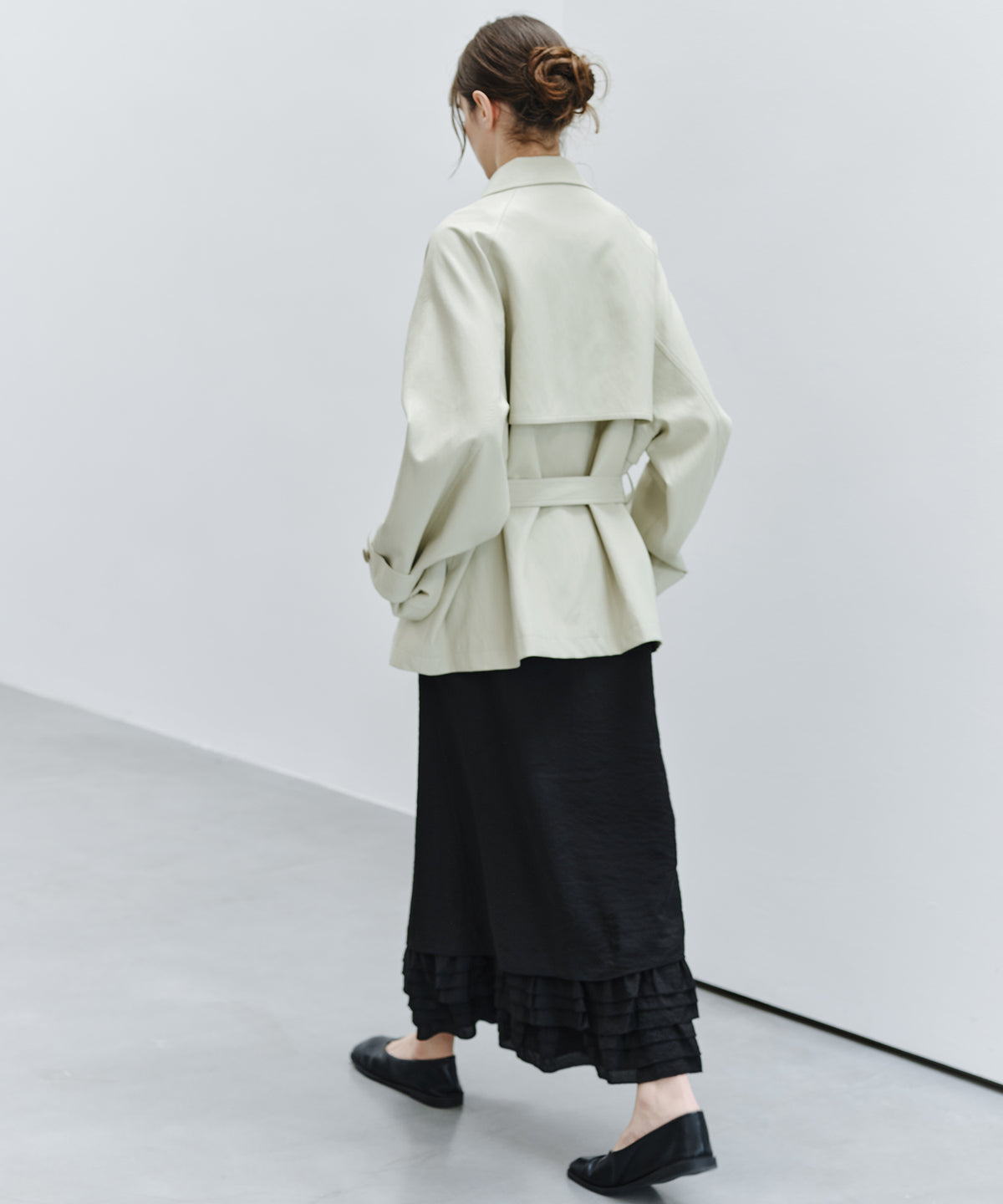 「9月下旬出荷予定」Belted Faux Leather Short Trench Jacket