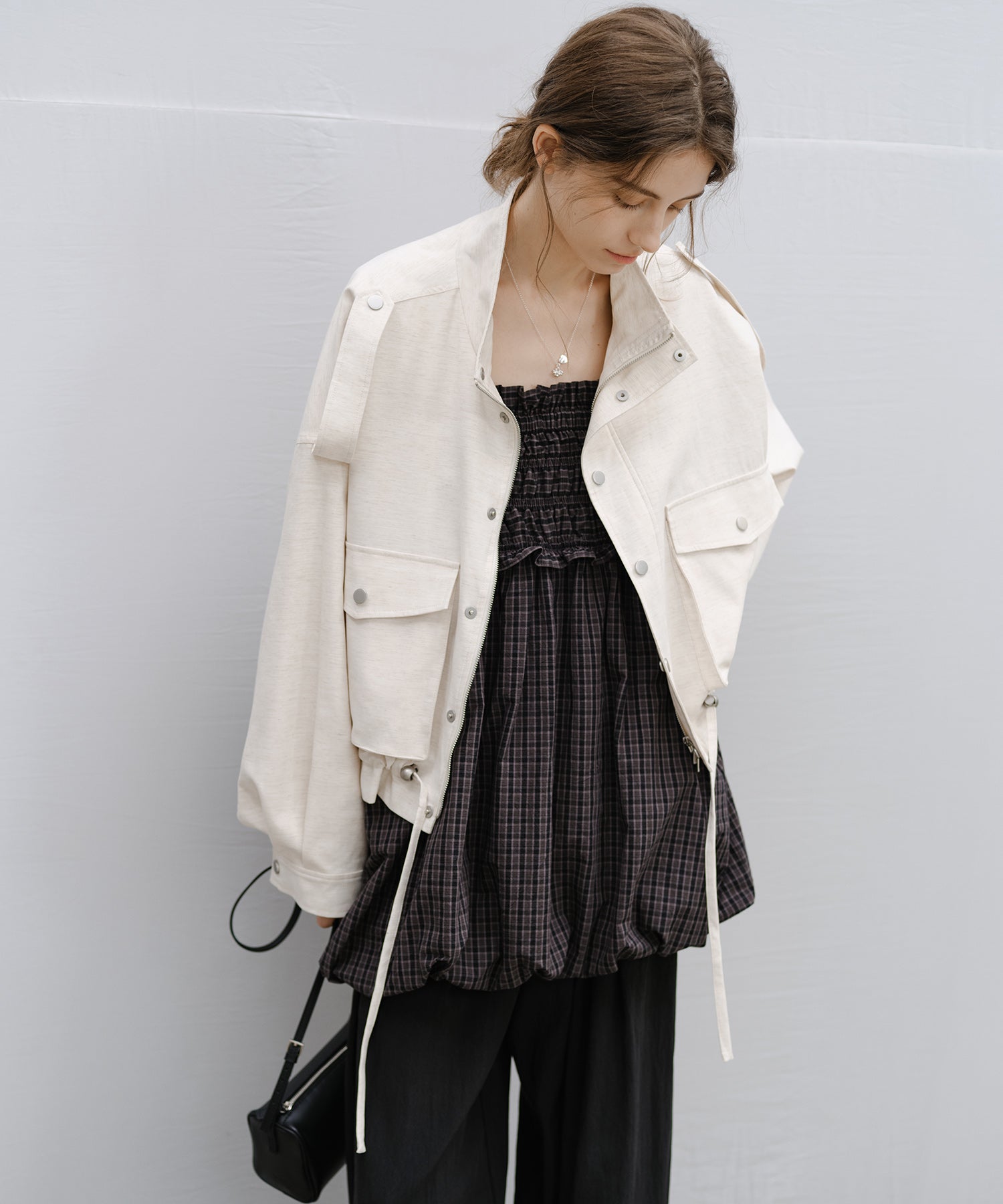 "Shipping late February to early March" Stand Collar Check Drawstring Jacket