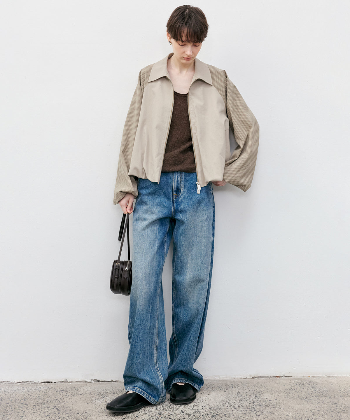 Check Panel Balloon Sleeve Short Blouson