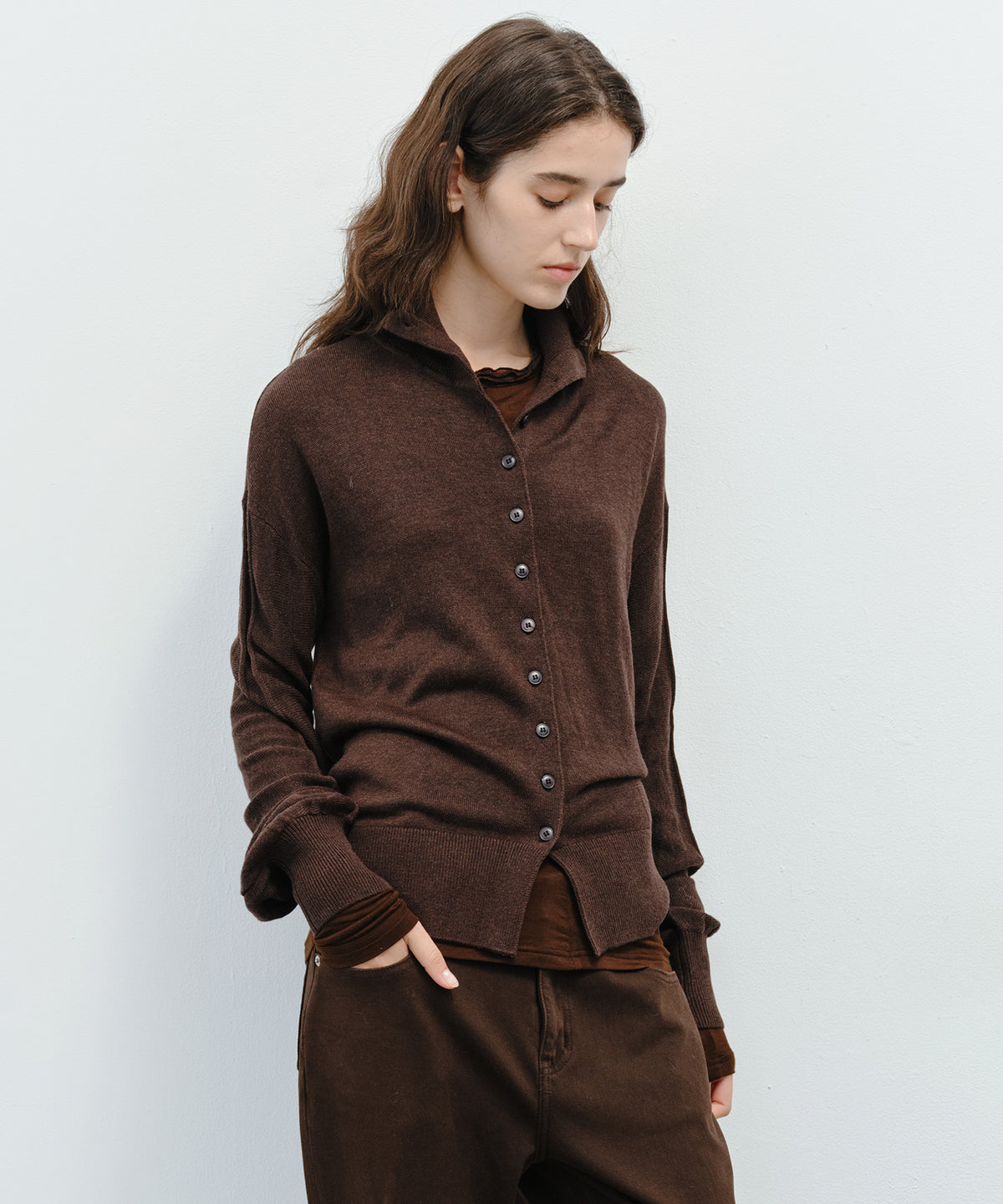 「10月下旬出荷予定」Wool Silk High Neck Button Knit Cardigan