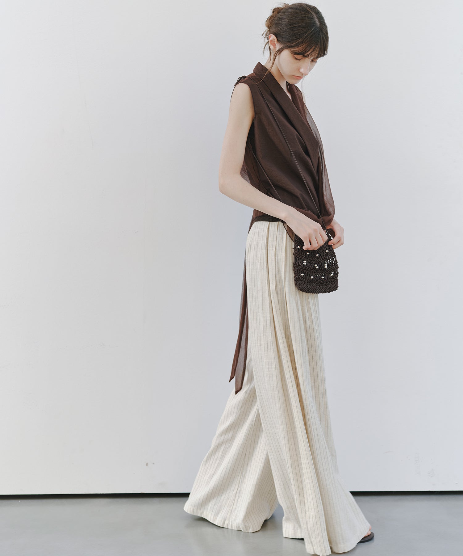 「7月中旬～下旬出荷」Linen Blend Striped Pleated Wide Pants