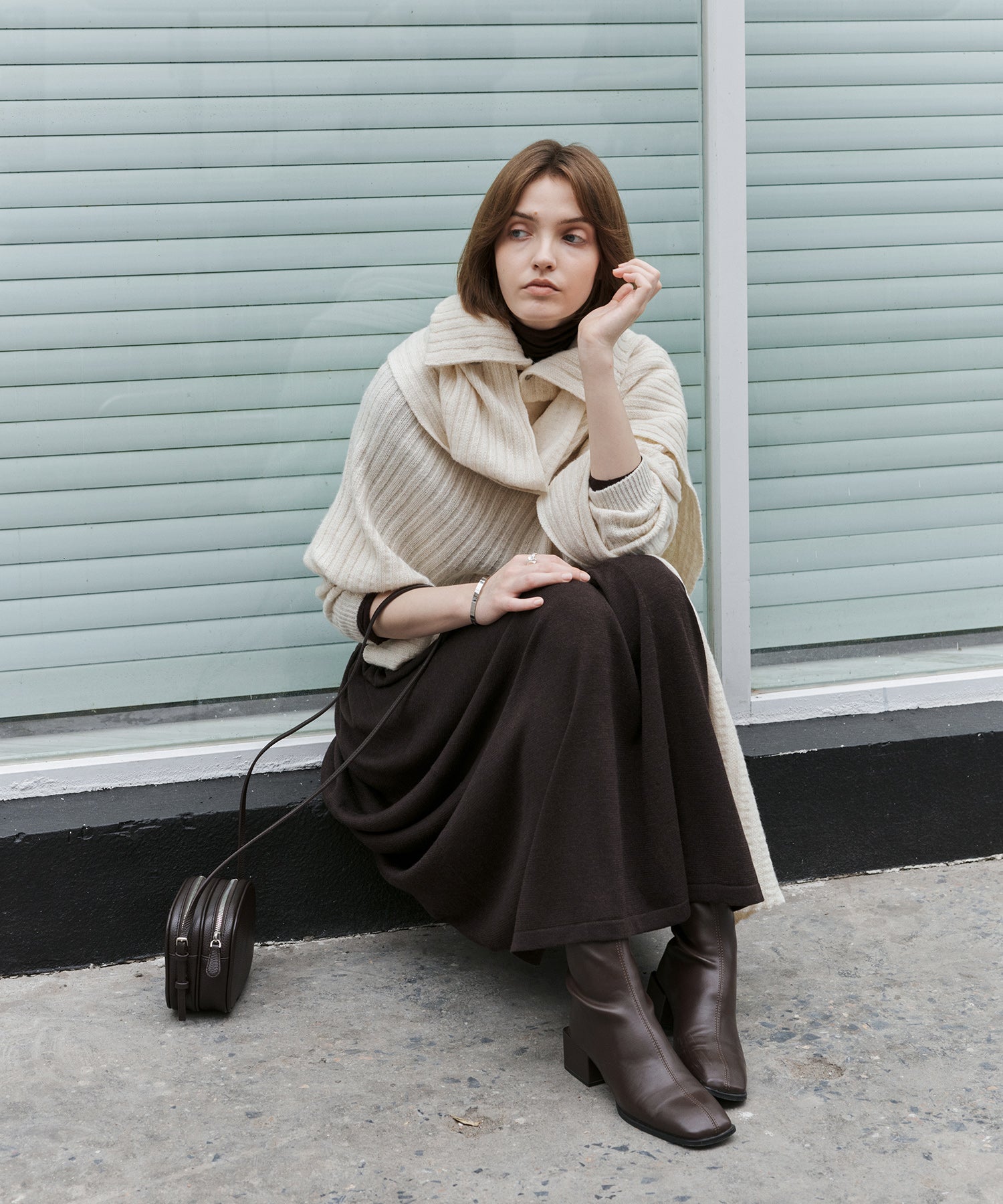Asymmetric High-Neck Textured Knit Poncho Scarf