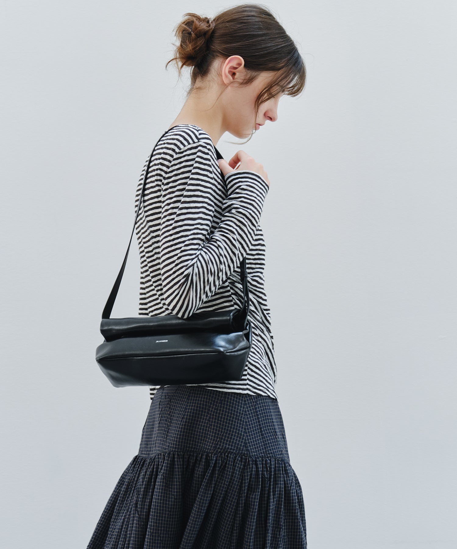 「9月下旬出荷予定」Cross Drape Neck Striped Long Sleeve Top