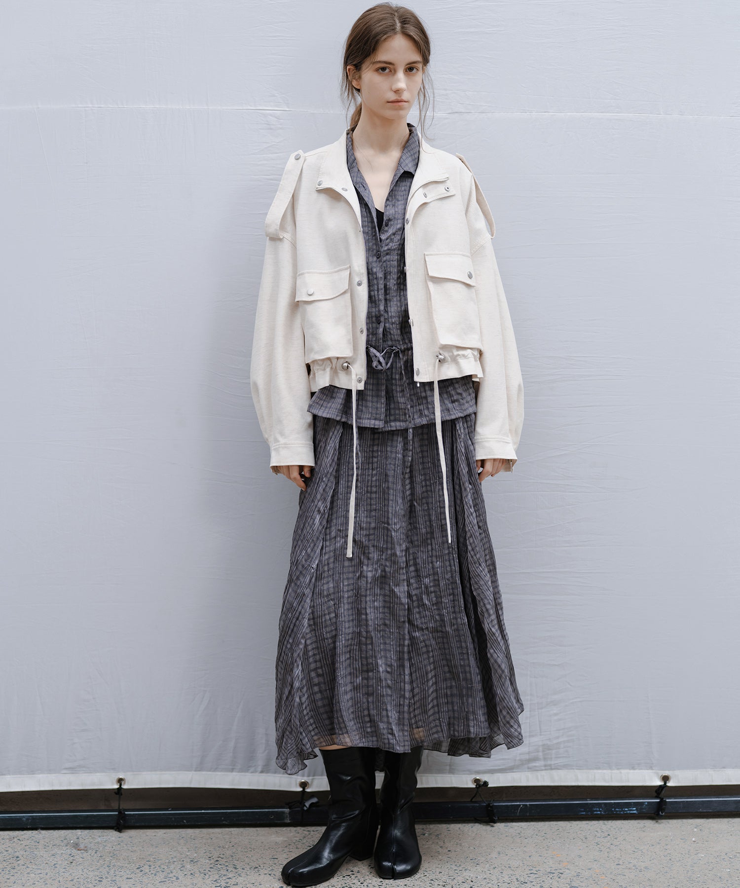 "Shipping late February to early March" Stand Collar Check Drawstring Jacket