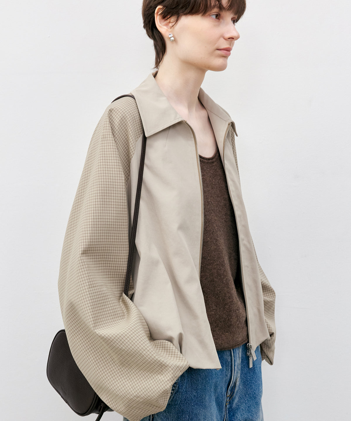 Check Panel Balloon Sleeve Short Blouson