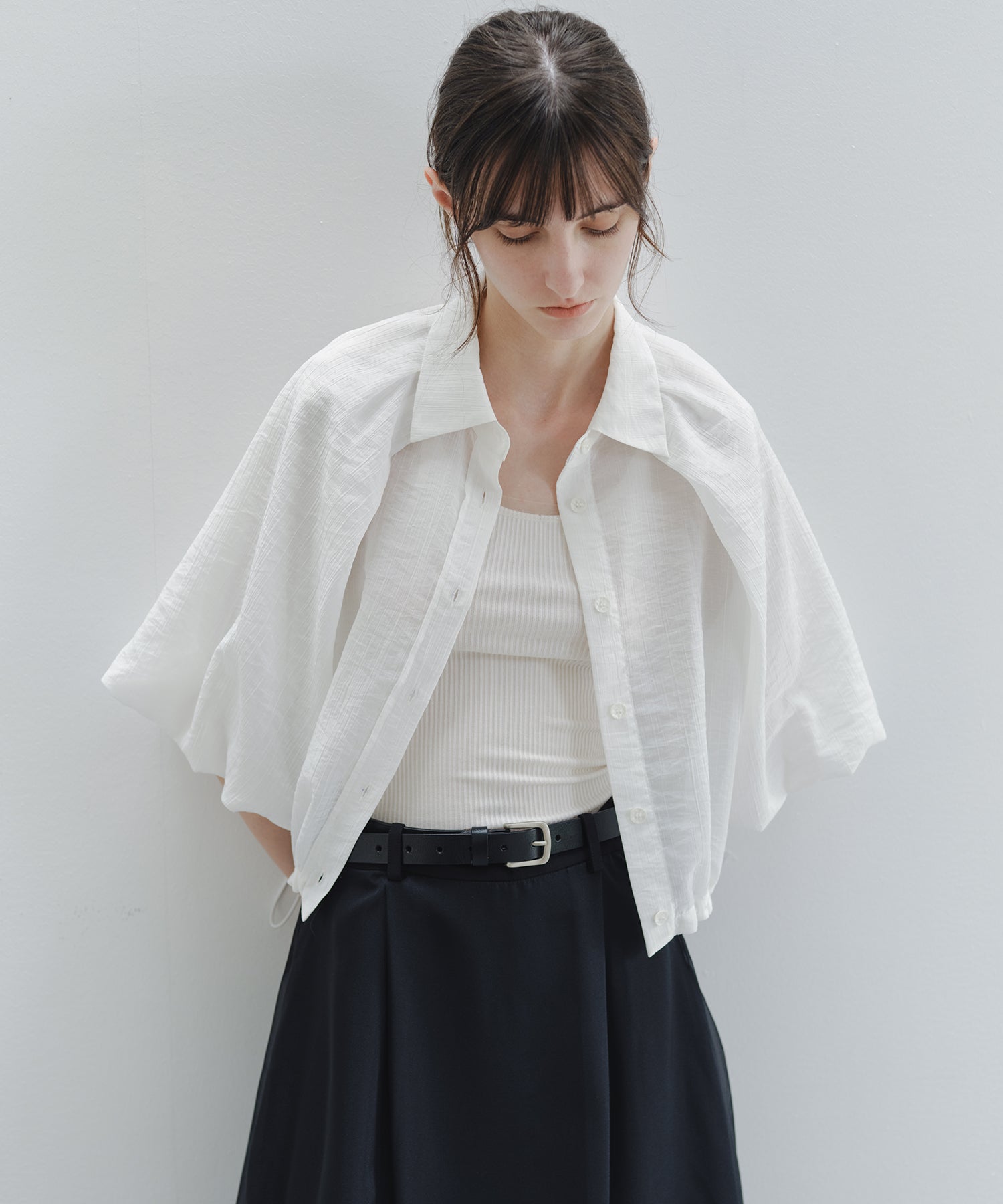 「7月上旬～中旬出荷」Sheer Stripe Balloon Sleeve Cropped Shirt