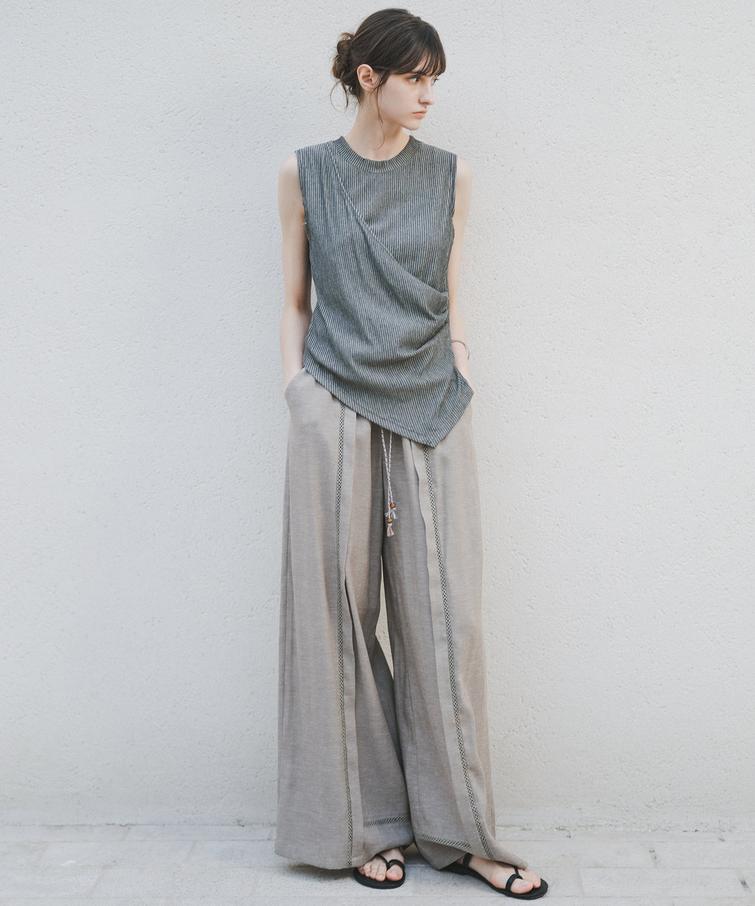 「8月中旬～下旬出荷」Front Lace Linen Blend Wide Pants