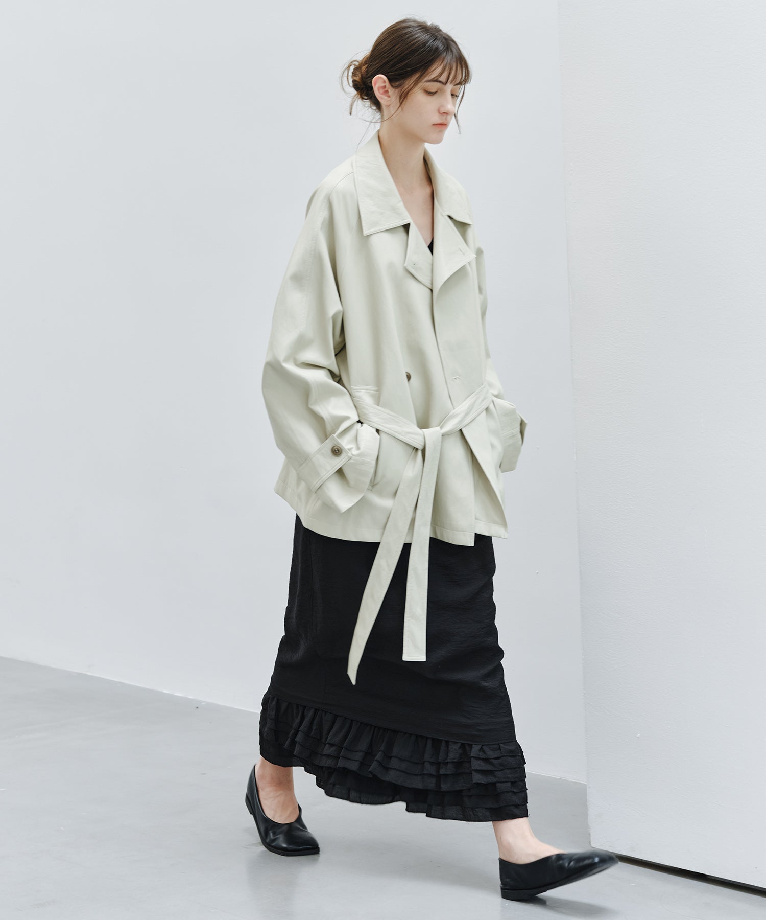 「9月下旬出荷予定」Belted Faux Leather Short Trench Jacket