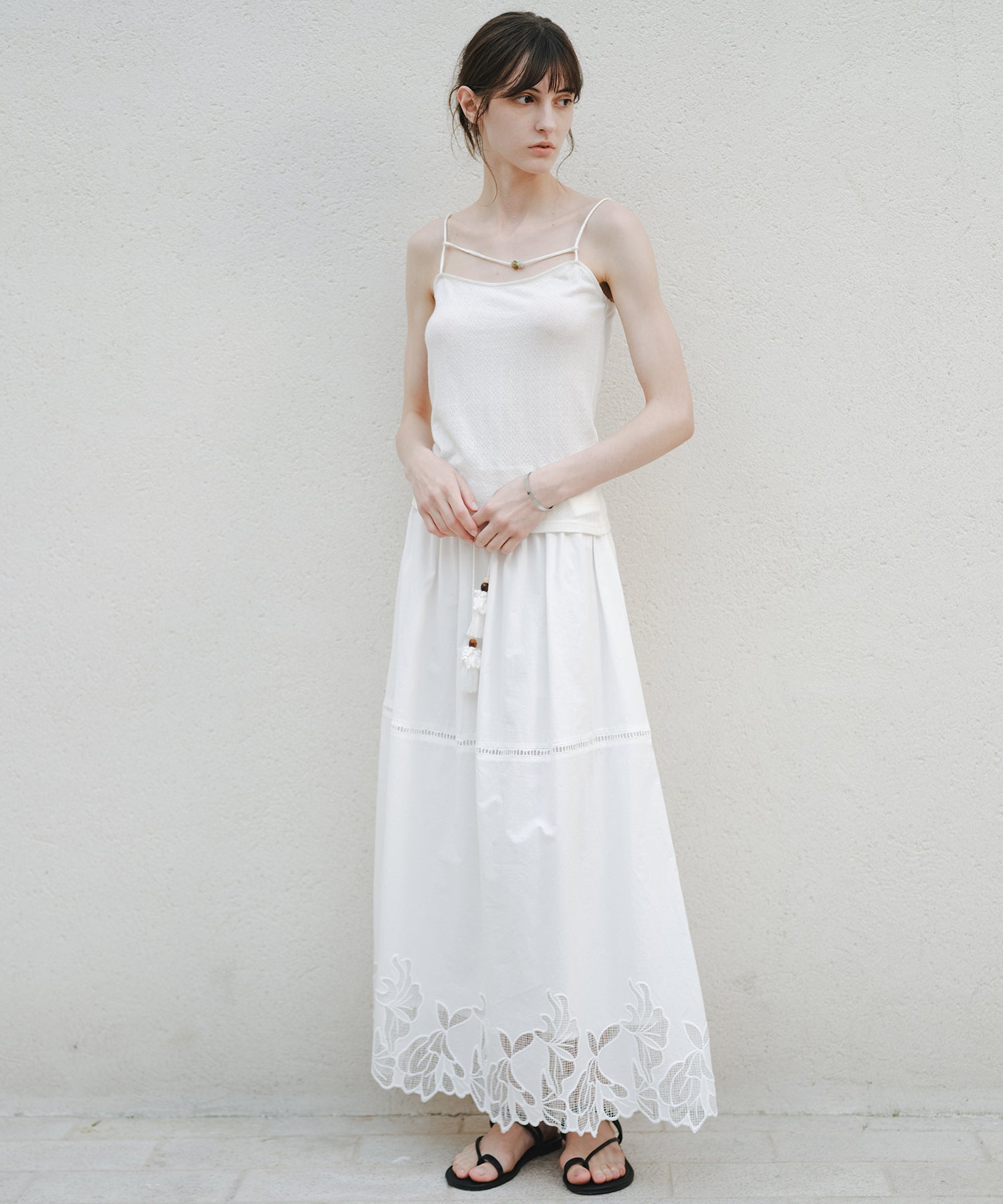 「8月中旬～下旬出荷」Cutwork Embroidery Drawstring Long Skirt