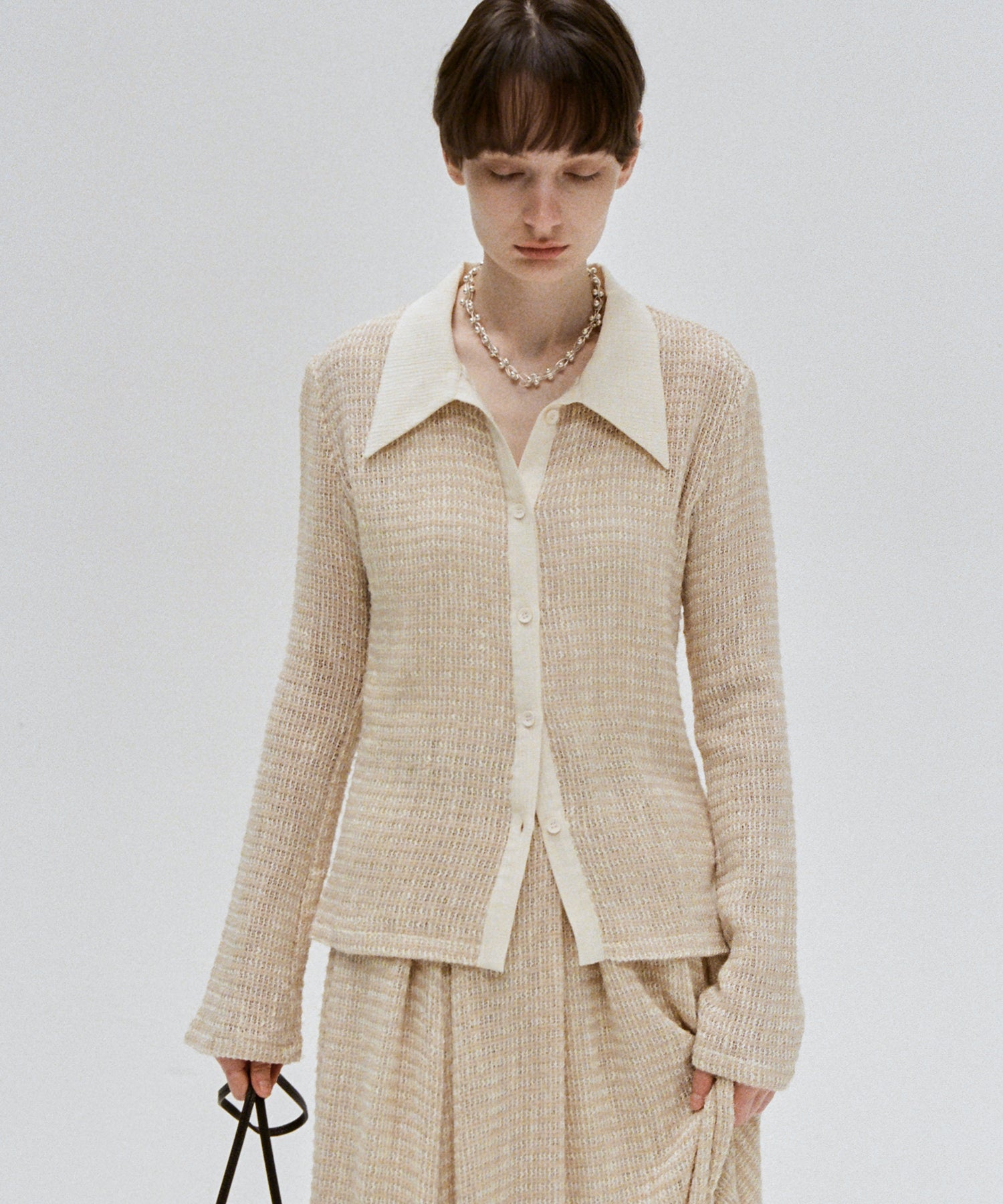 Two-Tone Openwork Knit Shirt Blouse