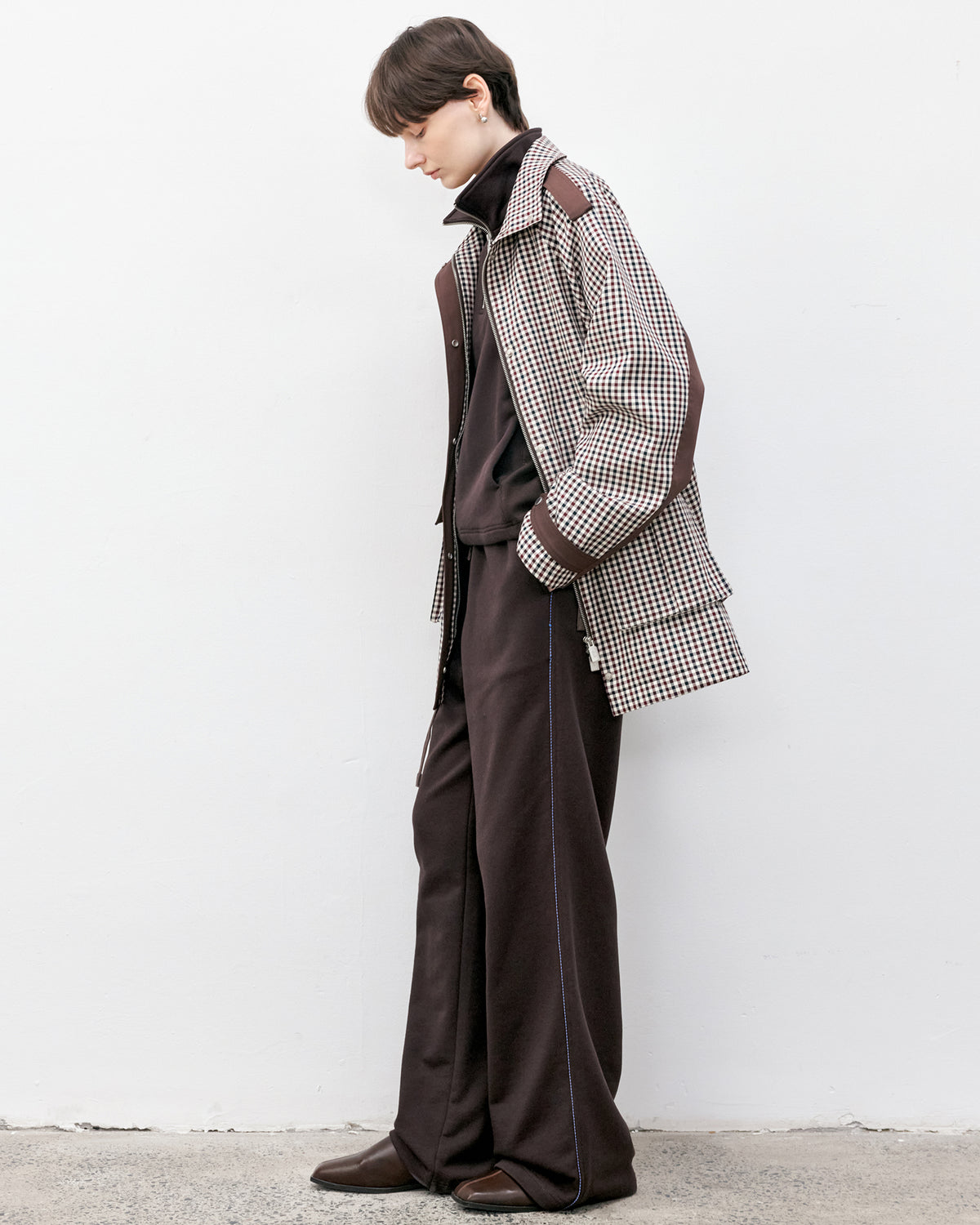 Contrast Panel Checkered Mid-Length Jacket