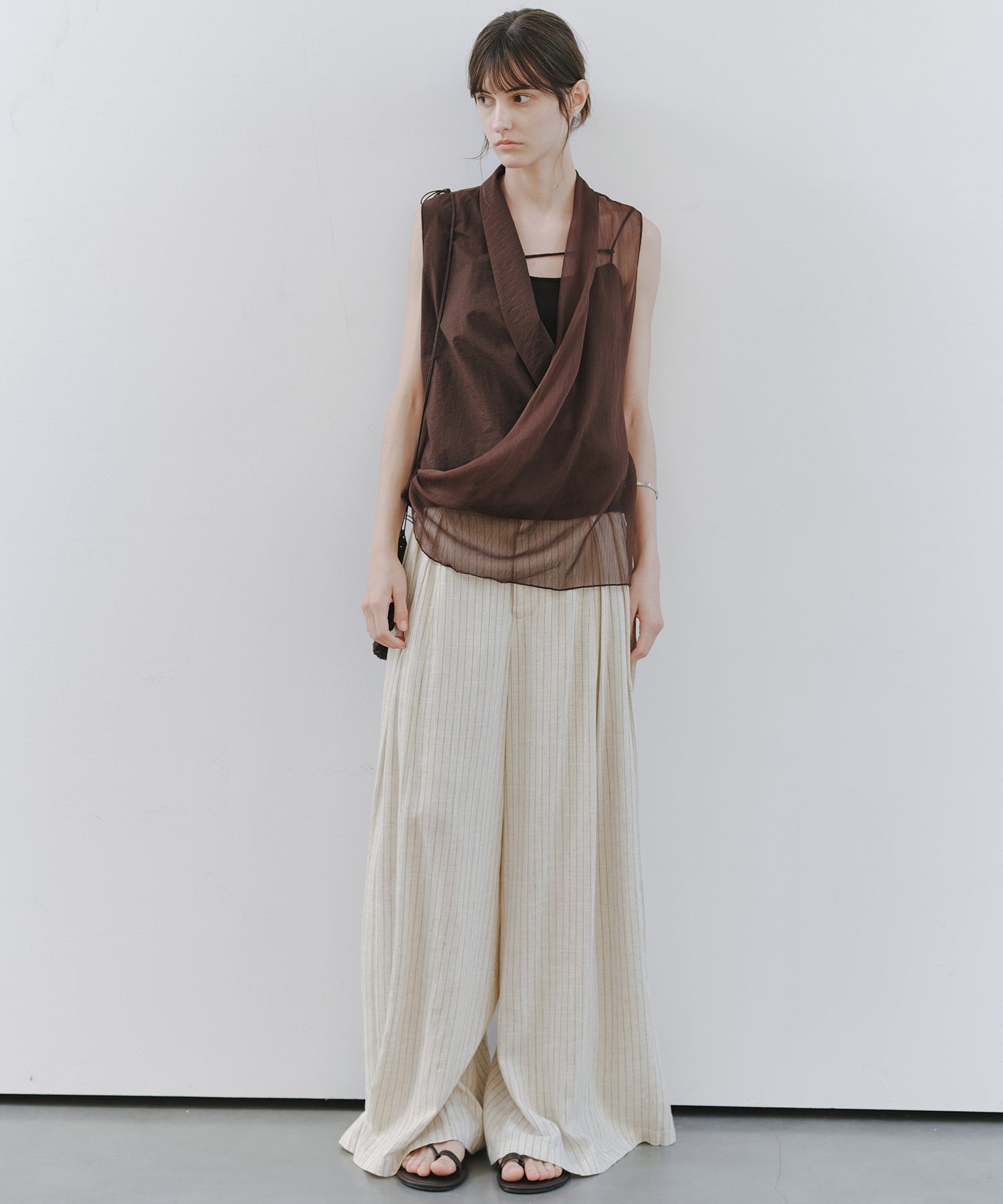 「7月中旬～下旬出荷」Linen Blend Striped Pleated Wide Pants