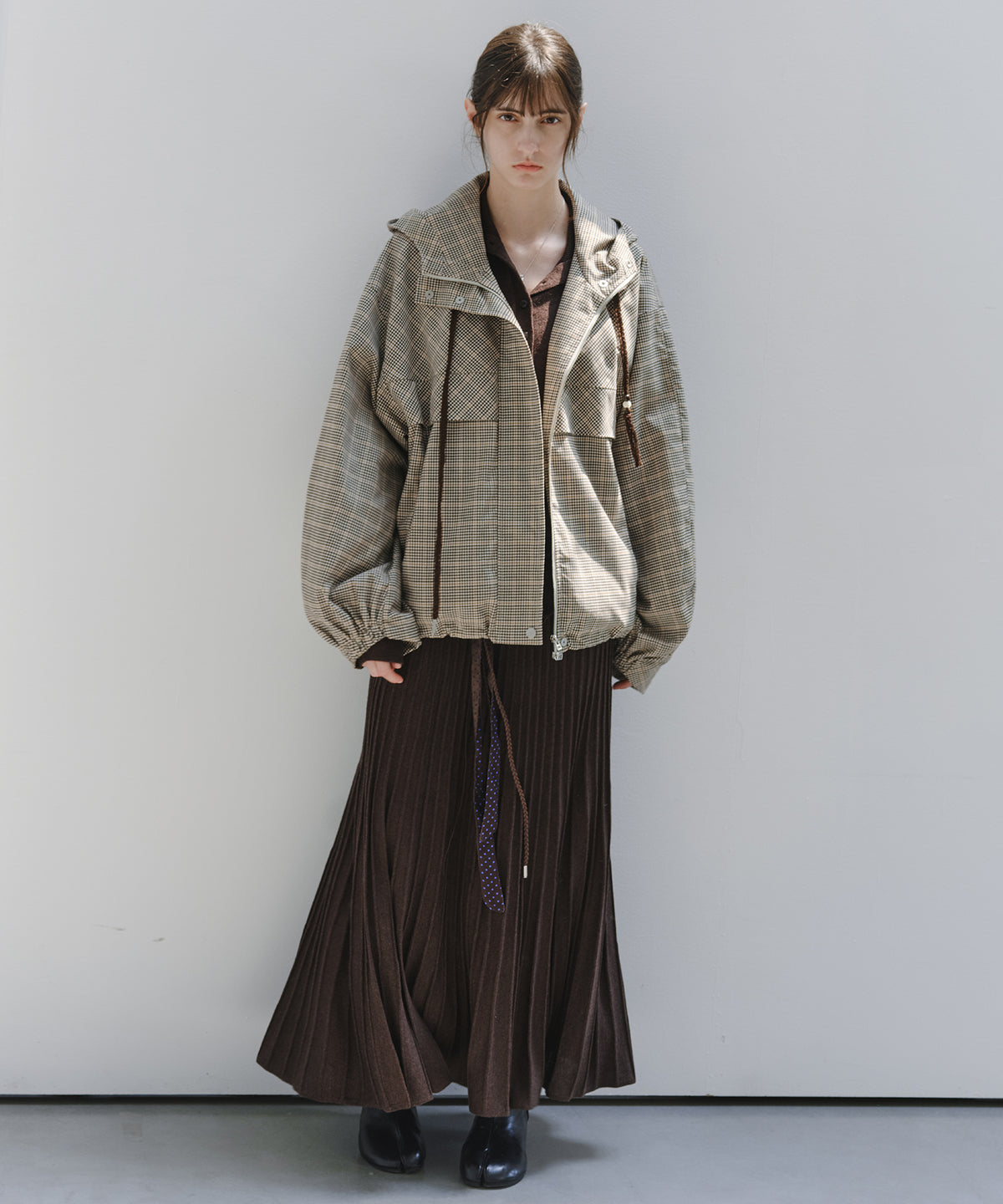 「10月下旬出荷予定」Checked Drawstring Hooded Short Jacket