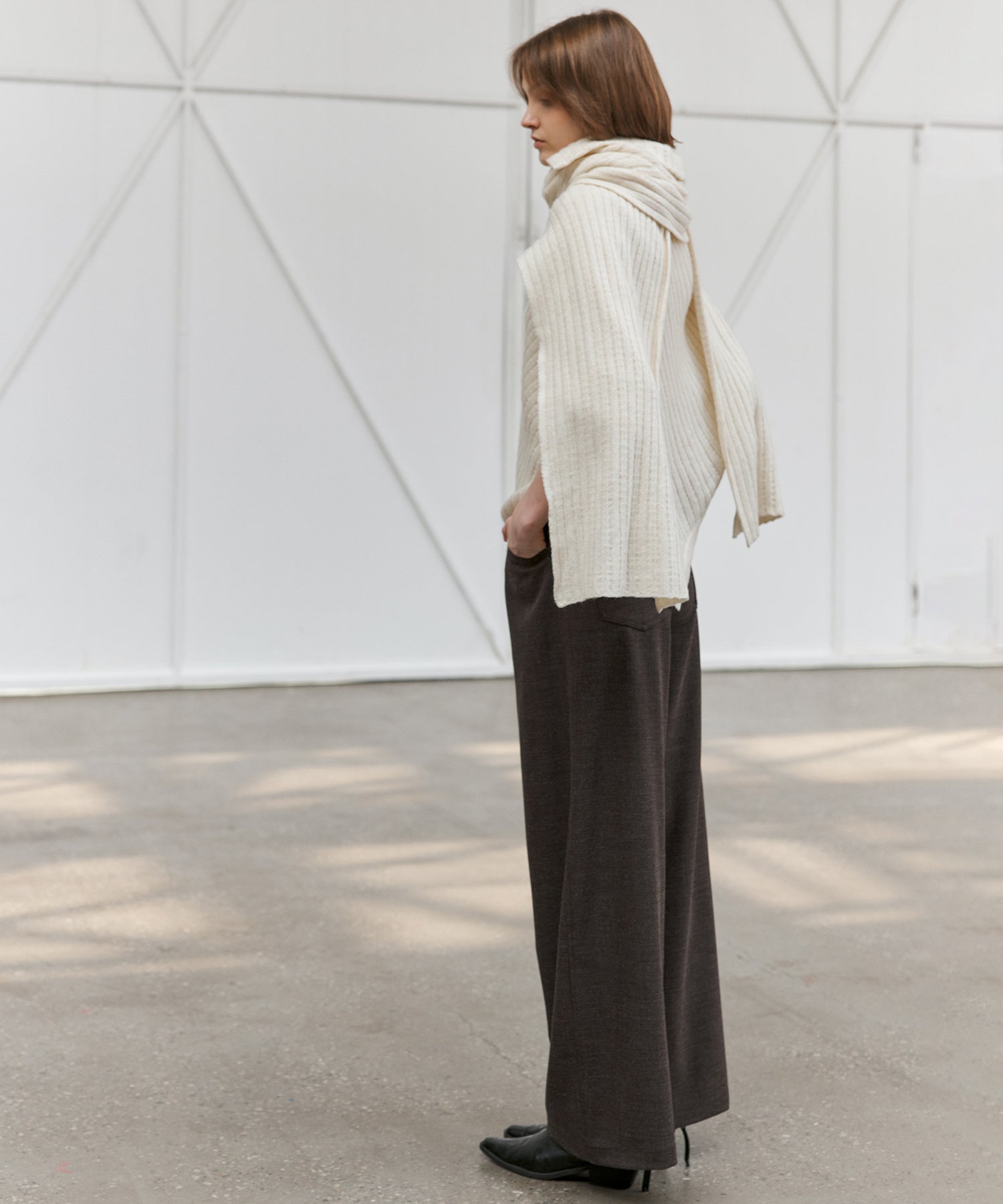 Asymmetric High-Neck Textured Knit Poncho Scarf