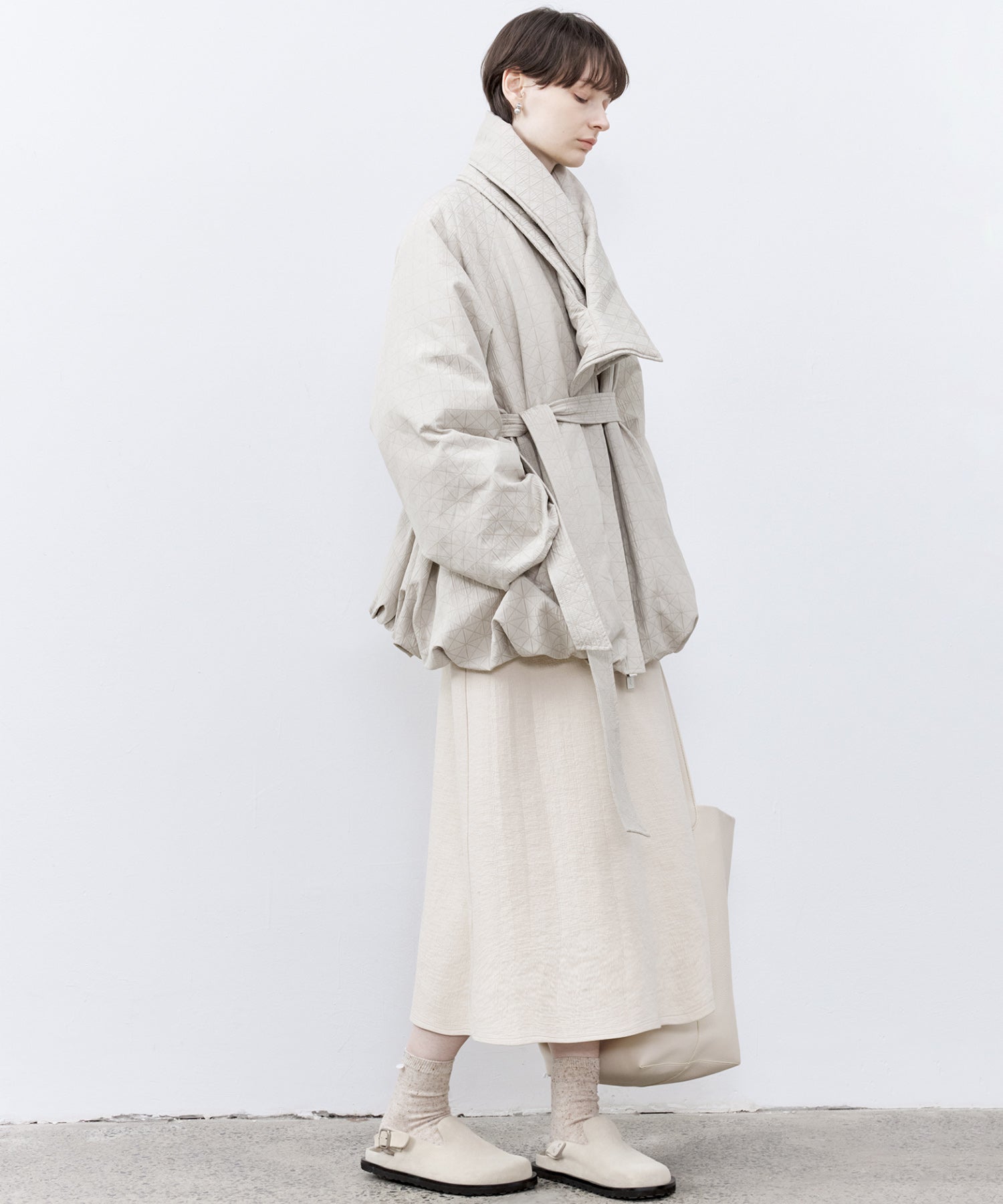 Diamond Jacquard Quilted Down Coat – Belt &amp; Scarf Set