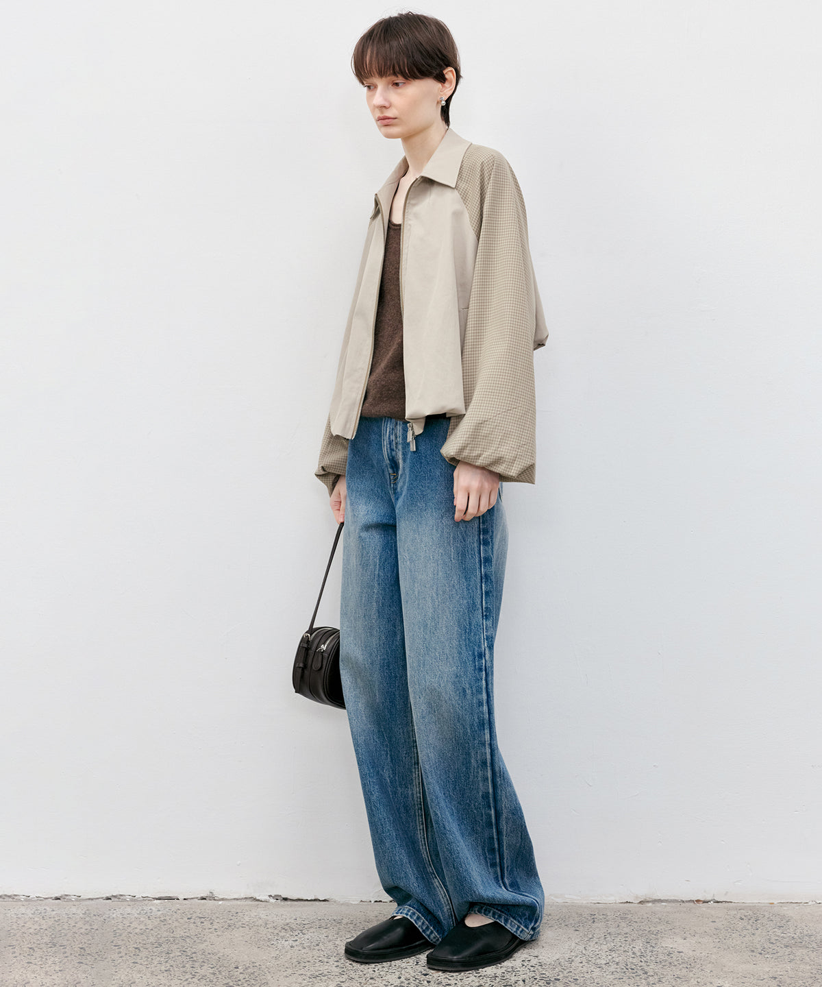Check Panel Balloon Sleeve Short Blouson