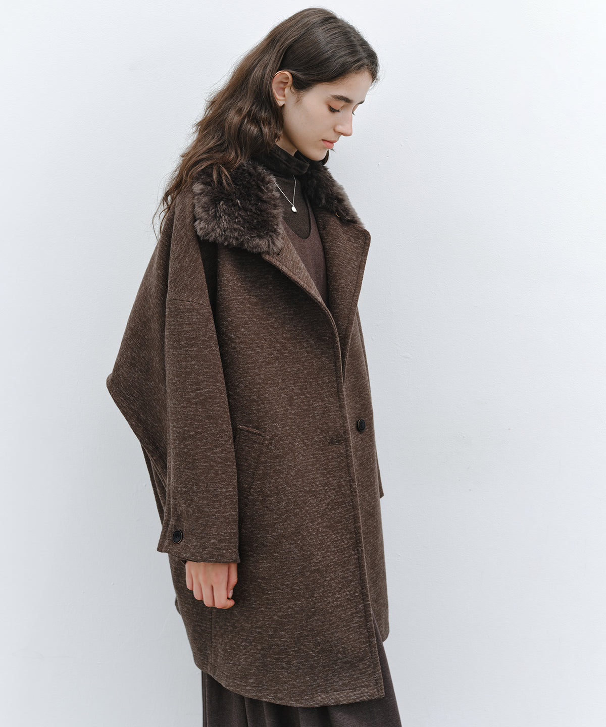 「10月下旬出荷予定」Faux Fur Collar Melange Wool-Like Middle Coat