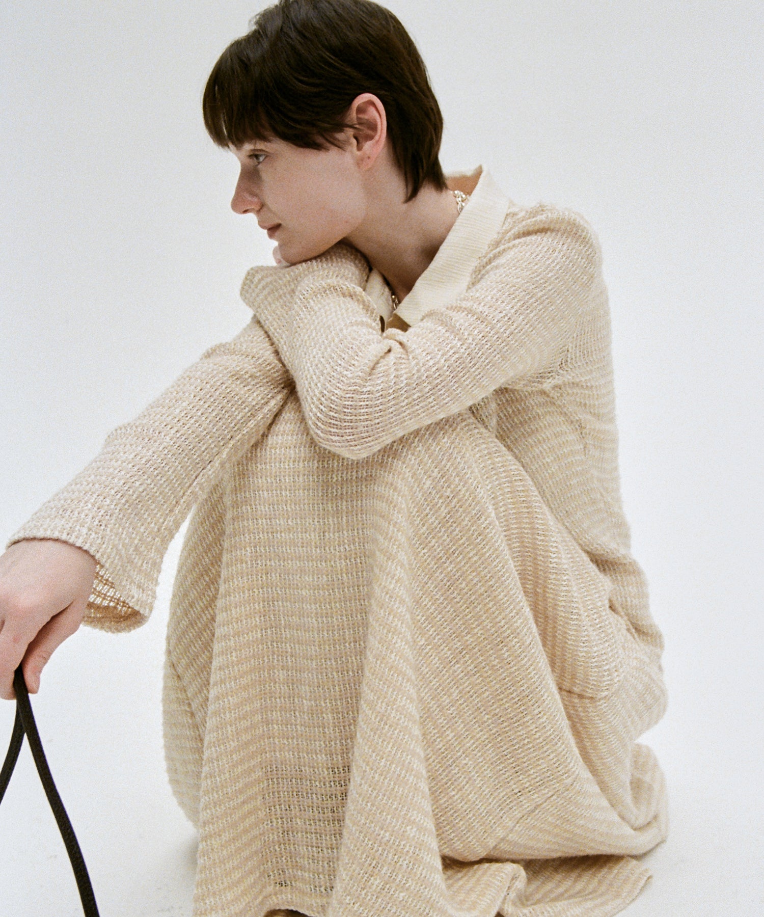 Two-Tone Openwork Knit Shirt Blouse