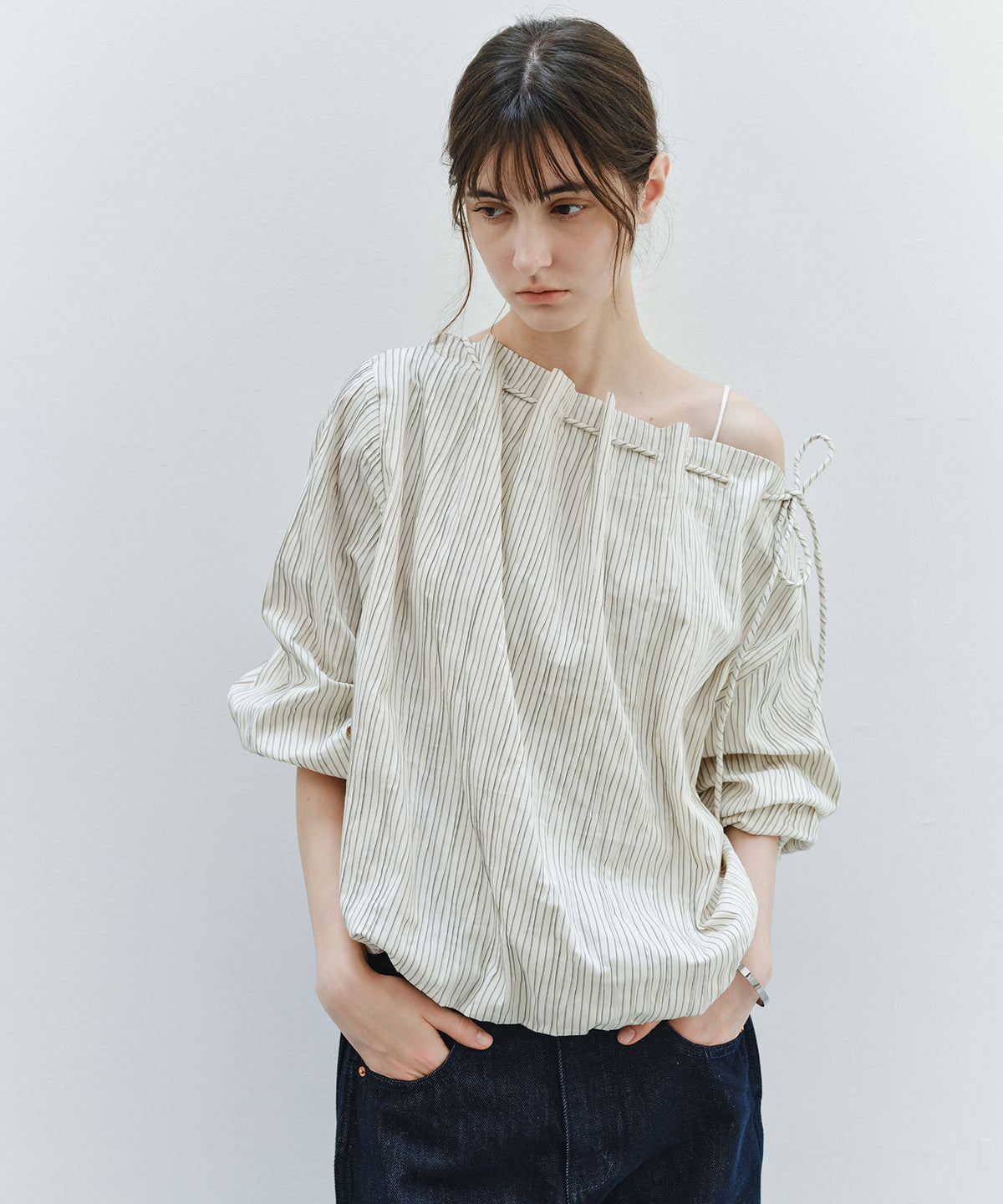 Asymmetric Off-Shoulder Drawstring Stripe Blouse