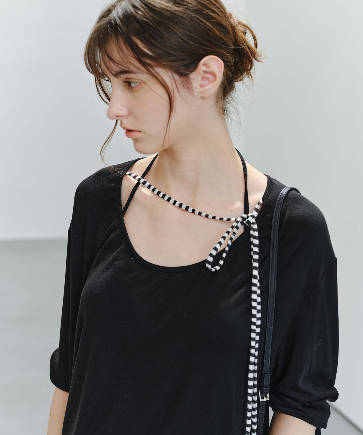 「9月下旬出荷予定」Striped Cord U-Neck Draped Top