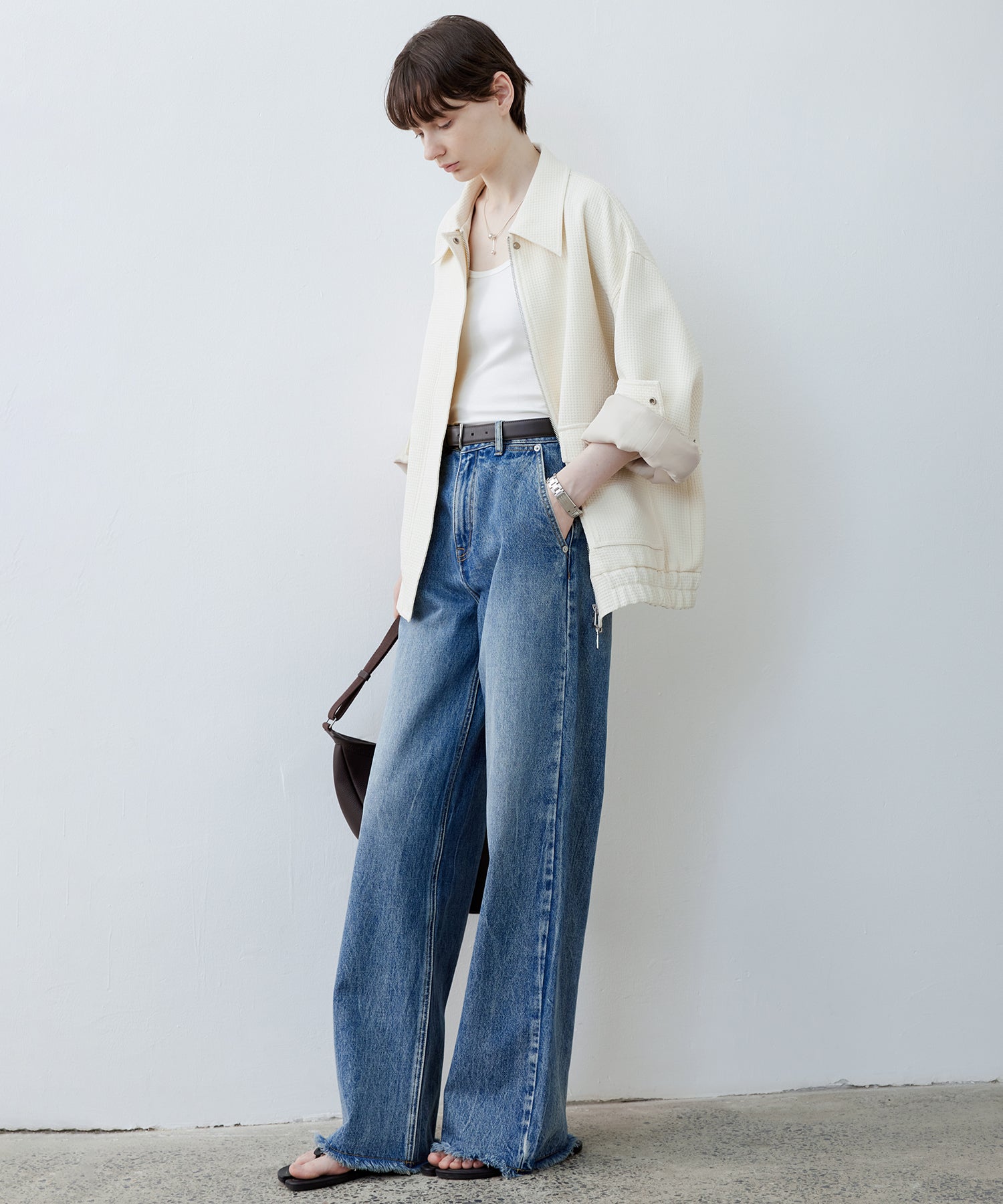 Washed Wide-Leg Denim Pants with Raw Hem