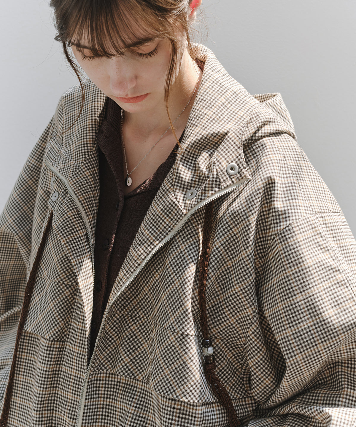 「10月下旬出荷予定」Checked Drawstring Hooded Short Jacket