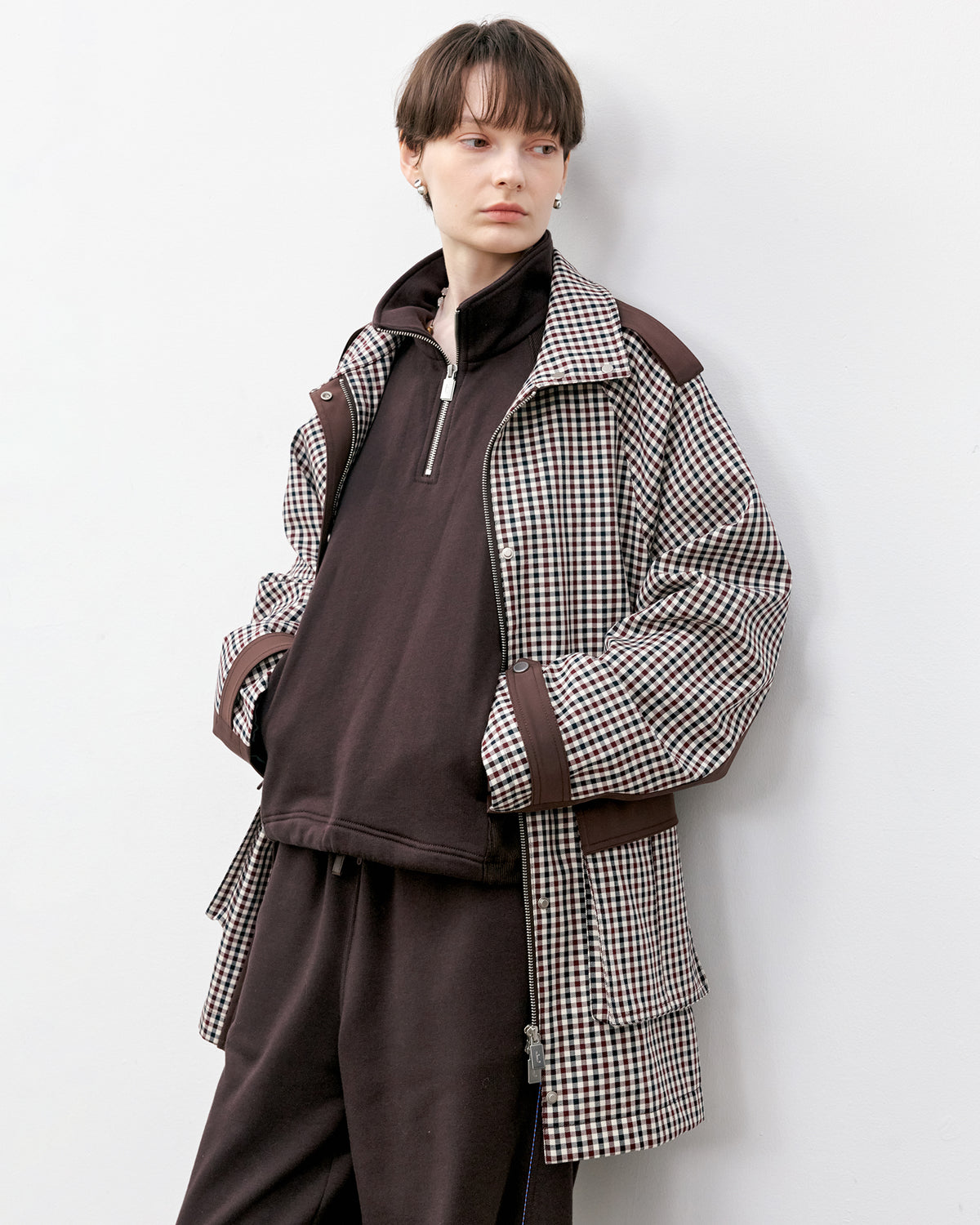 Contrast Panel Checkered Mid-Length Jacket