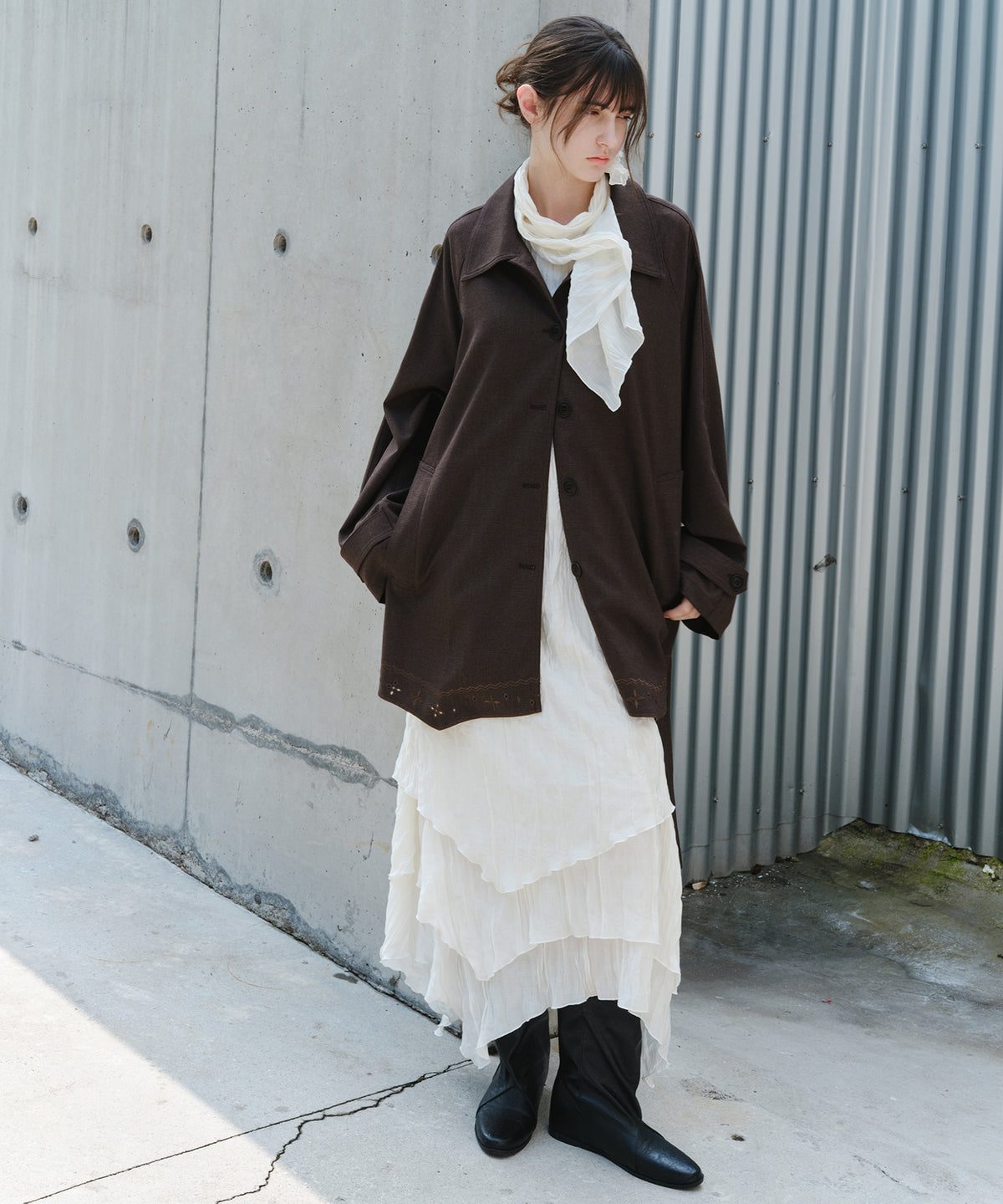 「9月下旬出荷予定」Washed Texture Scarf Collar Layered Dress