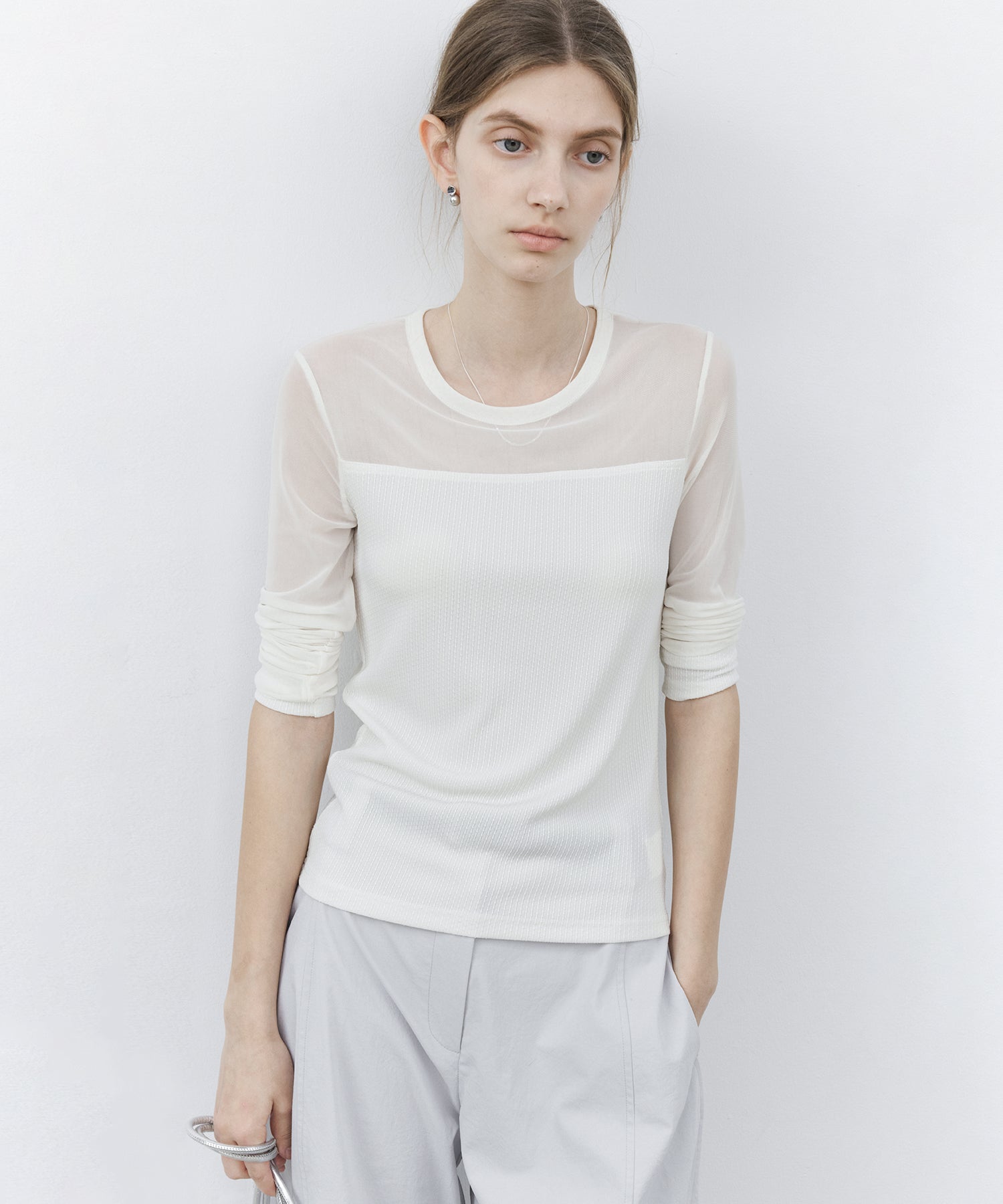 Sheer Panel Layered Long Sleeve Top