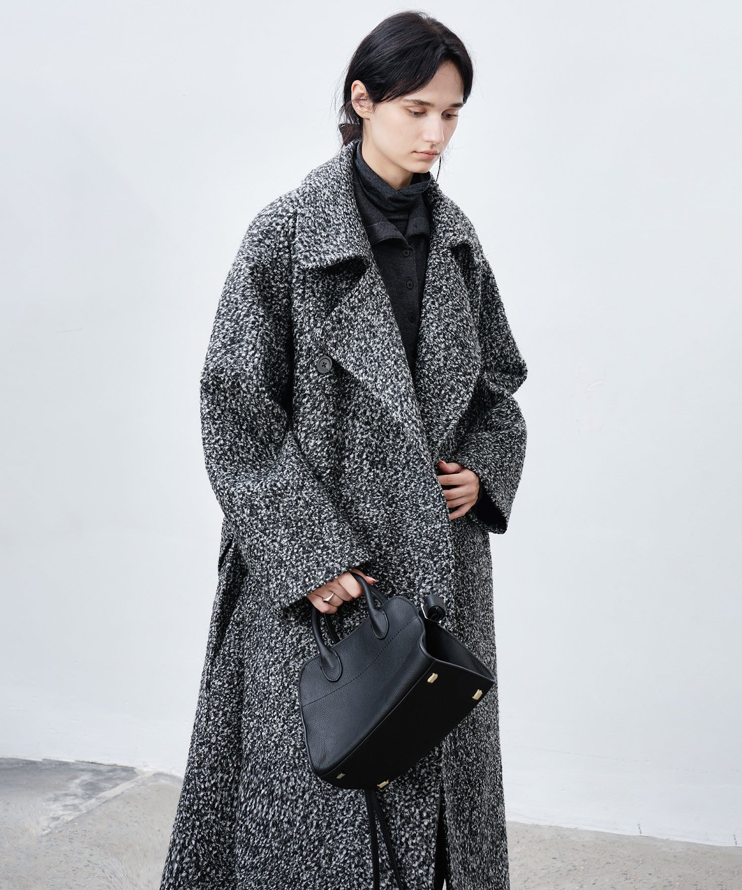 Mixed-Color Bouclé Wool Lapel Long Coat